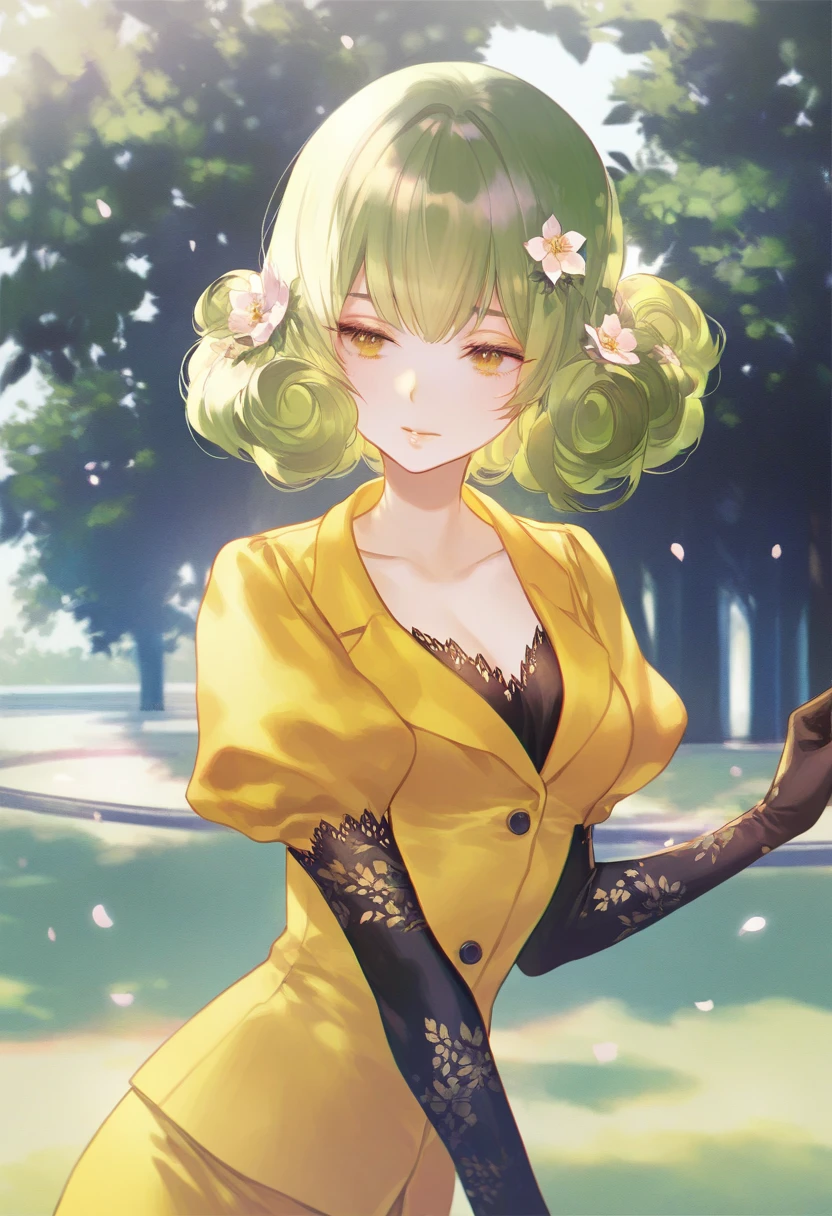 artist:gomzi,artist:wanke,artist:diyokama, rei_(sanbonzakura),[[artist:fuzichoco]],year 2023,
1girl, solo, kishibe rie, yellow eyes, green hair, hair flower, curly hair,
yellow shirt, pencil skirt, elbow gloves, print gloves, floral print, puffy short sleeves, collarbone,
upper body,
park,
<lora:dscs_humancharacters.ilxl:0.8>