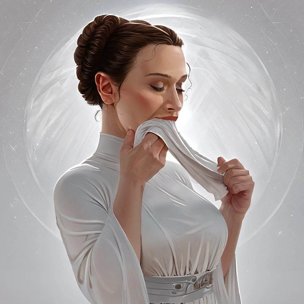 score_9, score_8_up, score_7_up, 1girl, pale skin, feminine, beautiful, energetic, Leia, Star Wars, white dress, elegant, panoramic view, wide angle, cinematic lighting, dramatic scene, detailed background, perfect round buttocks, busty breasts, leiaxl, ((wiping mouth)), ((wiping with napkin))