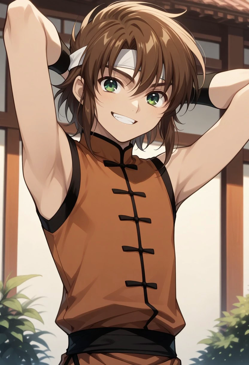 masterpiece, best quality, 
ryutsub, 1boy, male focus, solo, brown hair, medium hair, green eyes, headband, white headband, chinese clothes, shirt, orange shirt, sleeveless, wristband, smile, grin, hands behind head,
outdoor