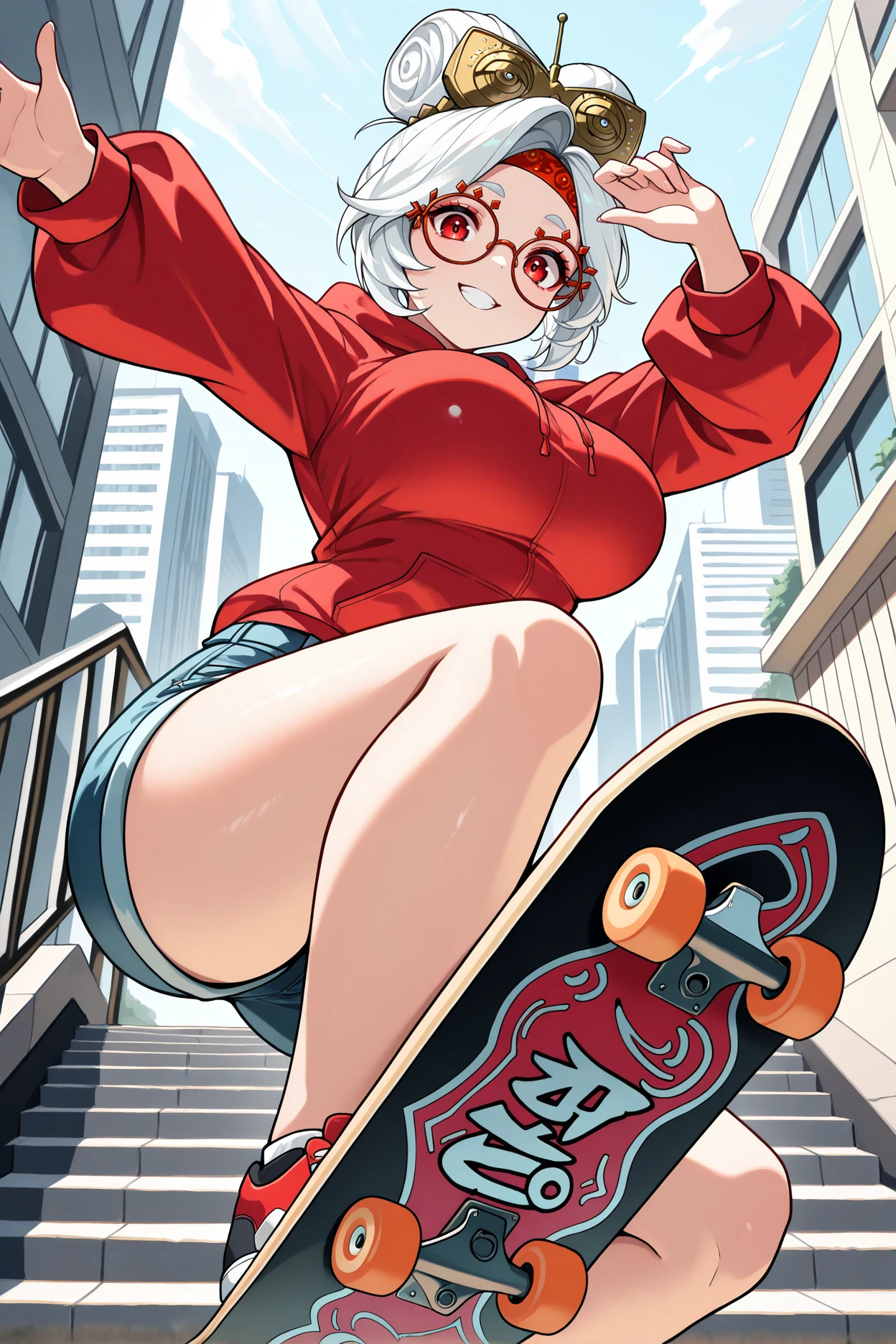 masterpiece, best quality, 1girl, solo,  <lora:purah-illu-nvwls-v1-000005:1> pur4h, white hair, red eyes, hair bun, hair ornament, red headband, red glasses, red hoodie, sneakers, denim shorts, big breasts, grin, city, railing, stairs, midair, dynamic pose, jumping, skateboarding, looking at viewer, outstretched arm, from below, skateboard