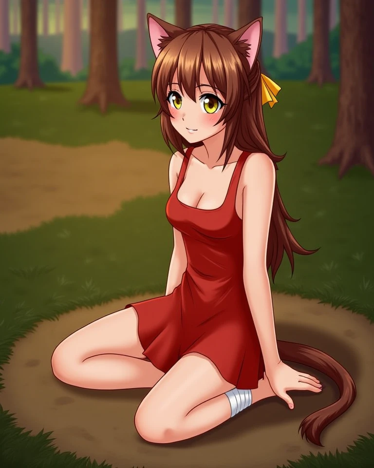 young woman, red dress, digital drawing, sitting in a clearing, forest, evening, sunset, summer, 
<lora:apfluxgymyvau20241122-step00001800:0.8>, YVAU, 1girl, catgirl, brown hair, cat ears, yellow eyes, pigtail, yellow bow on pigtail, cat's tail, white bandage on the leg