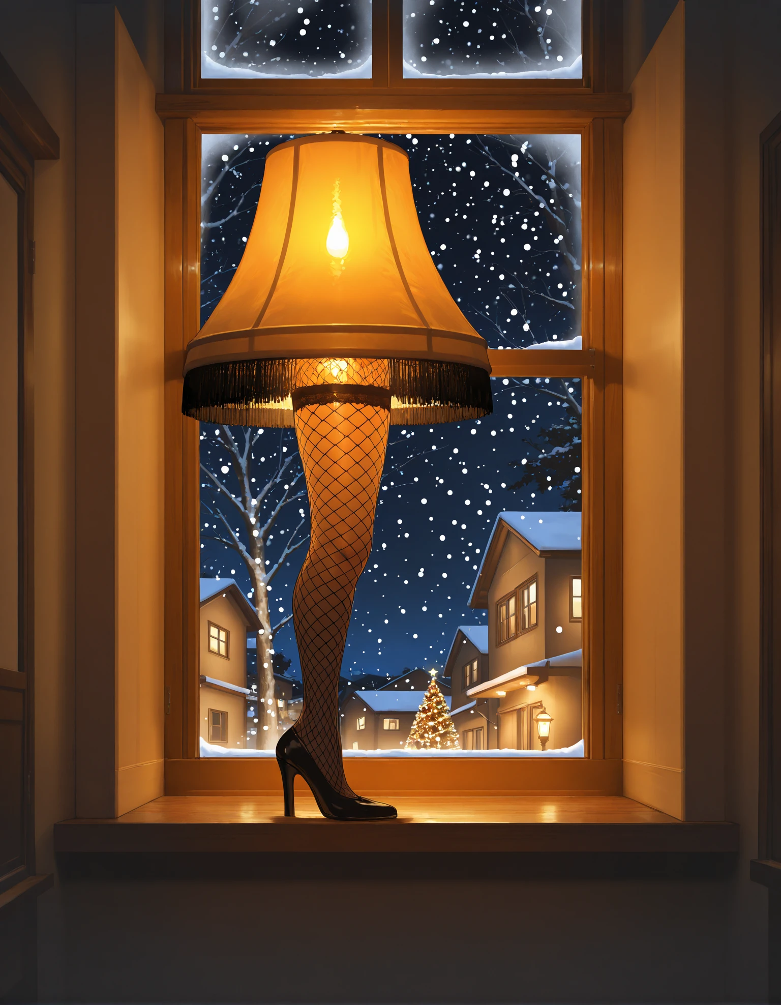 masterpiece, best quality, amazing quality, very aesthetic, high resolution, ultra-detailed, absurdres,
exterior, residential home, window,
leglamp in window,
christmas theme, night, cinematic lighting, 
snowing,
(no humans),
fishnets on leglamp,