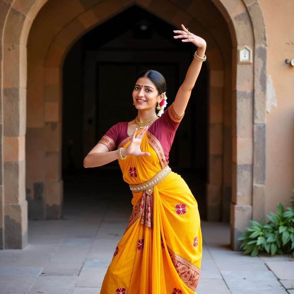 sruthihassanukohwx , performs a graceful Indian classical dance pose. She wears a vibrant mustard yellow sari with intricate red and gold floral patterns. A maroon blouse complements the sari, showcasing intricate embroidery. Her expression is joyful and focused, with a slight smile. Her hands are in mid-gesture, showcasing the graceful lines of the dance. The background features ancient stone architecture, featuring a warm brownish-gray stone wall, and a large arched doorway. The scene exhibits soft, natural light, casting a warm glow on the dancer. A low angle perspective accentuates the dance pose.  The overall style is reminiscent of traditional Indian art forms like Bharatnatyam, emphasizing the motion and vibrant colors.  The composition follows a dynamic perspective, creating a sense of lively movement and elegant grace.
