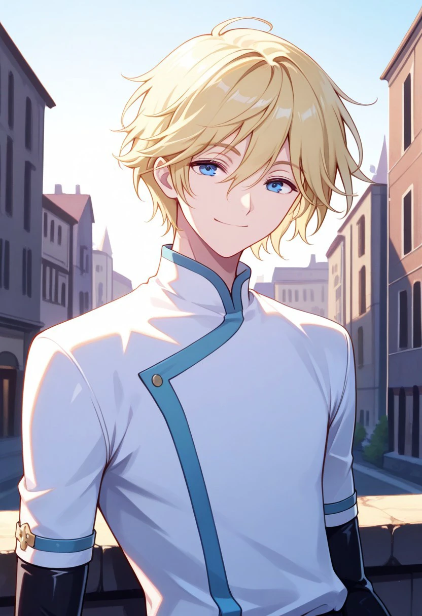 masterpiece, best quality,
fayd, 1boy, solo, male focus, blue eyes, blonde hair, shirt, white shirt, long sleeves, elbow gloves, smile,
outdoor,