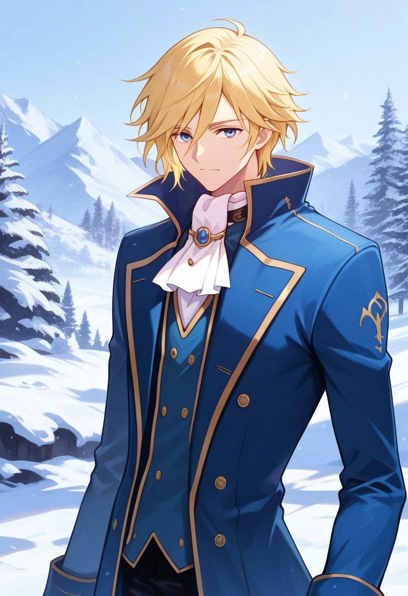 masterpiece, best quality, 
fayd, 1boy, solo, male focus, blue eyes, blonde hair, ascot, white ascot, coat, blue coat,
outdoor,