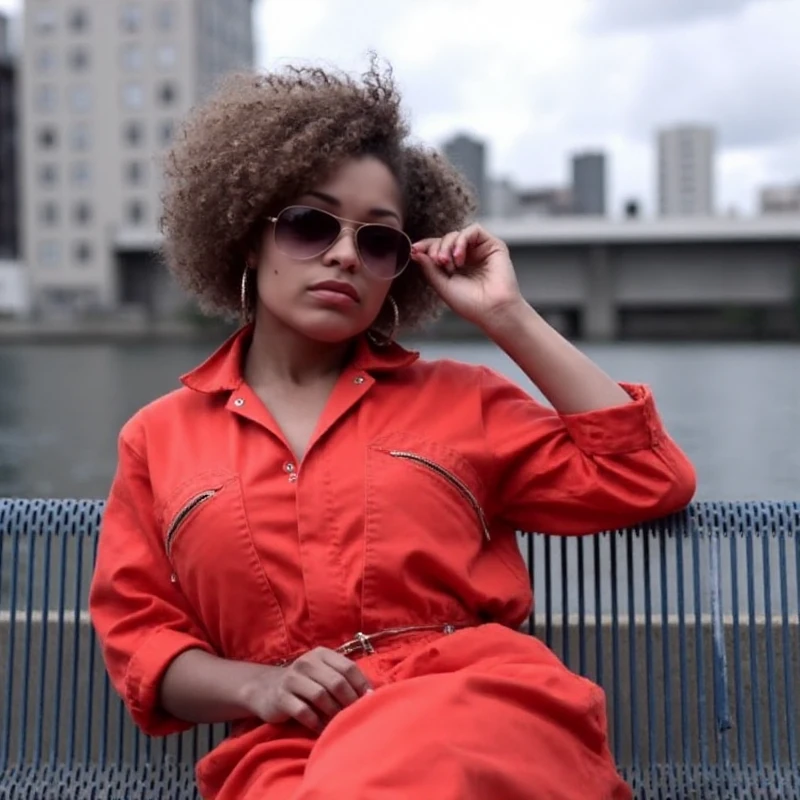 <lora:Alisha:0.9> alisha, a woman with curly hair wearing a red jumpsuit and tainted sunglasses sittin on a bench next to a river in city.