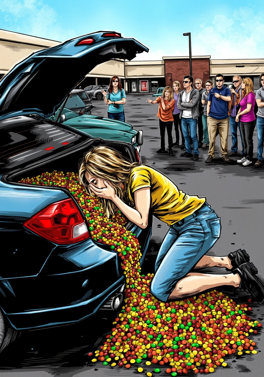 BPRE art of, Young woman on her knees with her face buried in her hands next to an open trunk of a car extremely embarrassed, the trunk is completely full overflowing with M&Ms, the M&Ms are flowing out of the trunk and spilled on to the ground, parking lot of a strip mall background, a group of onlookers standing pointing at the woman and gasping in disbelief<lora:BPRE-000013.safetensors:1.0:1.0>