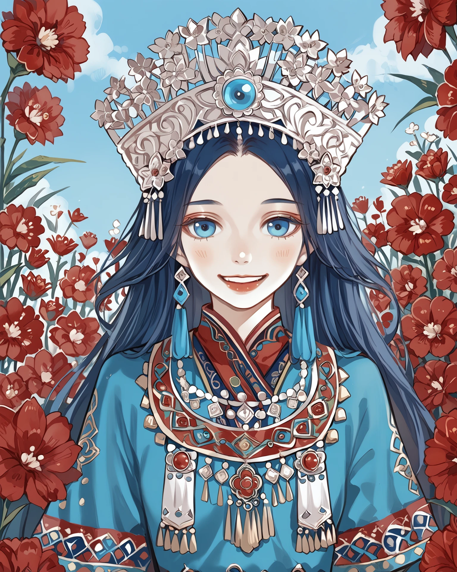 1girl, wearing miaofashion, miaofashion headdress, waist-up, ornate clothing, happy, long hair, red flowers, blue eyes, extremely detailed, digital art, masterpiece, absurdres, highest quality, score_9, score_8_up, score_7_up, outdoors, <lora:MiaoFashion_XL-000014:1>,   <lora:DKXLP:1> DK