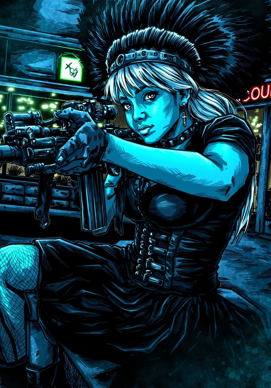 BPRE art of, goth young woman, aiming tactical carbine, hearing large ornate native american feather headdress, freckles, platinum silver hair and eyebrows, innocent face, wearing corset, wearing fishnet elbow gloves, choker, bangs, ponytail, full body shot, black boots skirt, fishnet stockings, dangling cross earrings, indoors in a dimly lit indoor mall, pitch dark except for glowing neon signs, slight bluish tint, her hand is not deformed, the gun is not deformed<lora:BPRE-000013.safetensors:1.0:1.0>