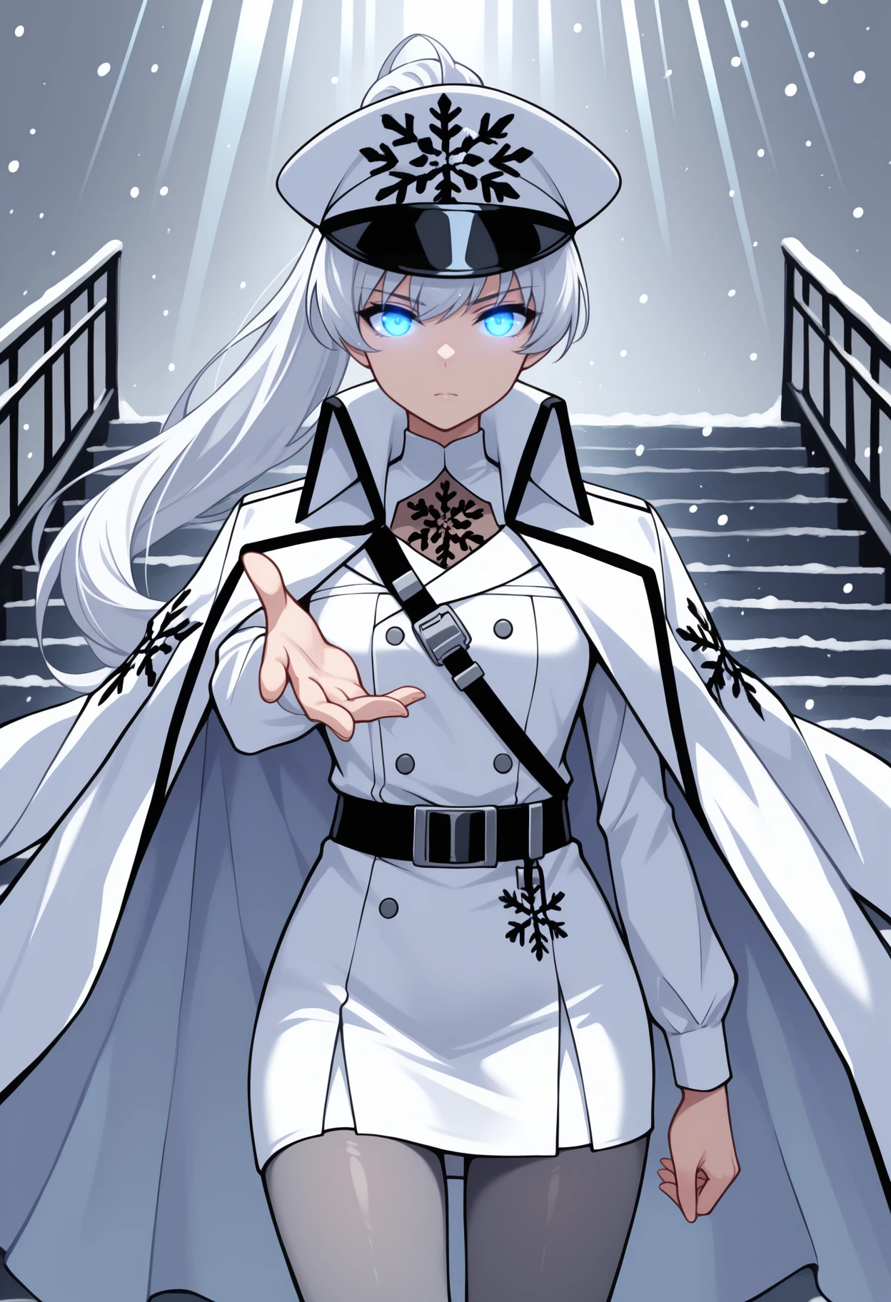 masterpiece, best quality, <break> cowboy shot, solo, 1girl, wsqueen, serious, looking at viewer, standing, arm at side, outstretched arm, open hand, reaching towards viewer, white hair, ponytail, white headwear, peaked cap, blue eyes, glowing eyes, military uniform, white coat, high collar, coat on shoulders, short dress, white dress, long sleeves, multiple belts, black belt, shoulder belt, white shirt, snowflake print, grey pantyhose, grey background, snowing, stairs, railing, light rays
<segment:yolo-Anzhc Face seg 640 v2 y8n.pt,0.4,0.5//cid=1>