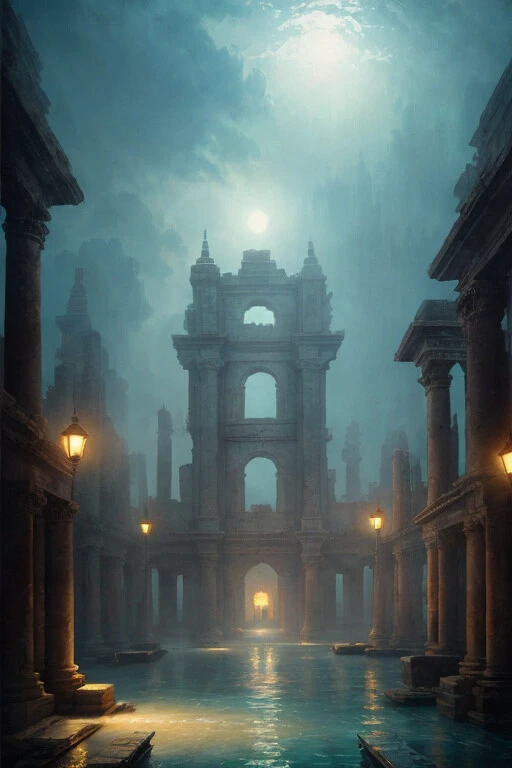 oil painting, underwater image of a ancient city, glowing, by Greg Rutkowski