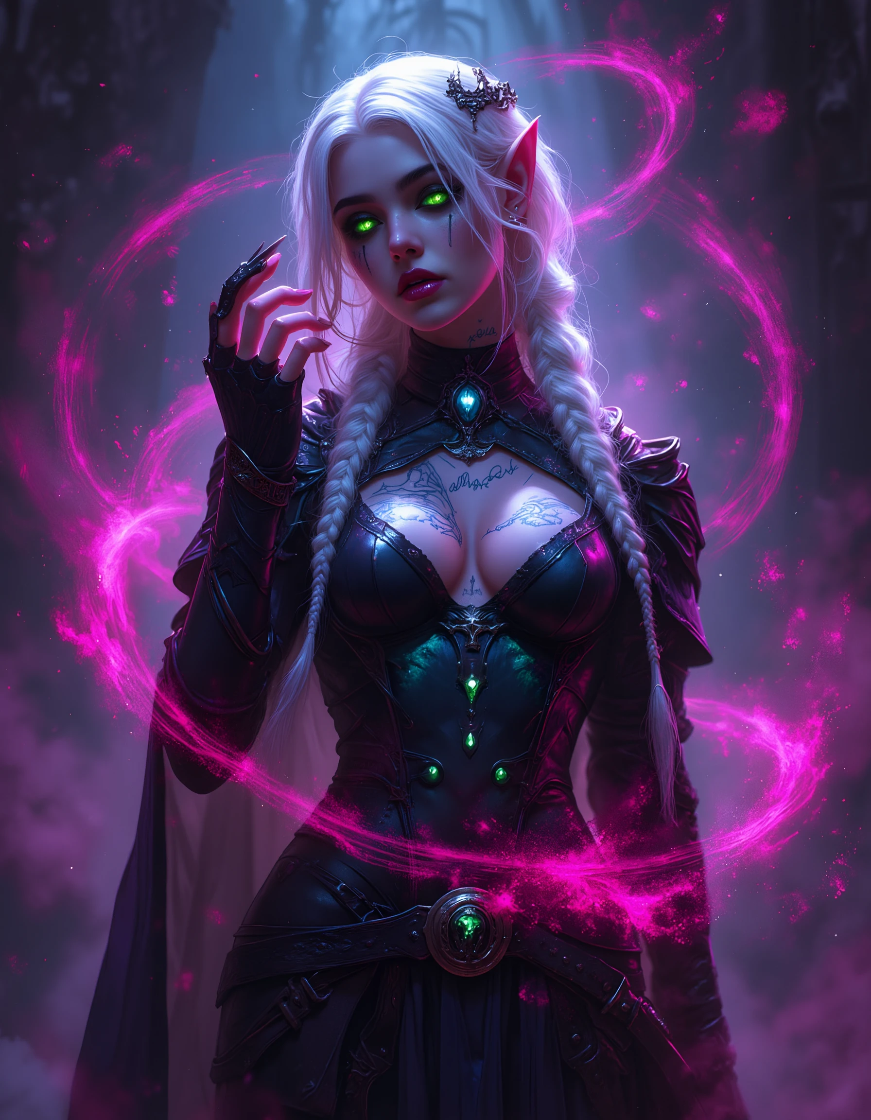 EE_DA, high quality, digital painting,
A strikingly powerful elven sorceress, bathed in an ethereal glow of contrasting neon pink and cyan hues, standing confidently in the heart of a shadowy, mystical realm. Her piercing, glowing emerald-green eyes radiate intense magical energy, as her pale skin is adorned with intricate, softly glowing tattoos in vibrant neon colors. The tattoos, running across her arms, chest, and neck, pulse faintly, hinting at the immense arcane power she wields.
Her face is framed by flowing platinum-blonde hair, accented with delicate braids, and adorned with an ornate emerald diadem resting gracefully on her forehead. She is clad in a revealing, futuristic leather-inspired armor, intricately designed with glowing neon inlays that blend seamlessly with her glowing tattoos. The sharp contrasts between the vibrant neon lights and the dark, shadowy textures of her outfit create a dramatic and mesmerizing aesthetic.
Her hand is raised, engulfed in swirling magical flames of cyan and magenta, casting dynamic, shifting shadows across her form. The background is an abstract, dark void of swirling mist and faintly glowing magical glyphs, creating an atmosphere of mystery and danger. The interplay of light and shadow highlights her commanding presence and the chaotic energy of her magic, while the glowing neon elements and tattoos create a sense of modern mysticism and unrestrained power. Her pose exudes confidence and control, making her a vivid embodiment of elegance and raw, unrelenting magical force.