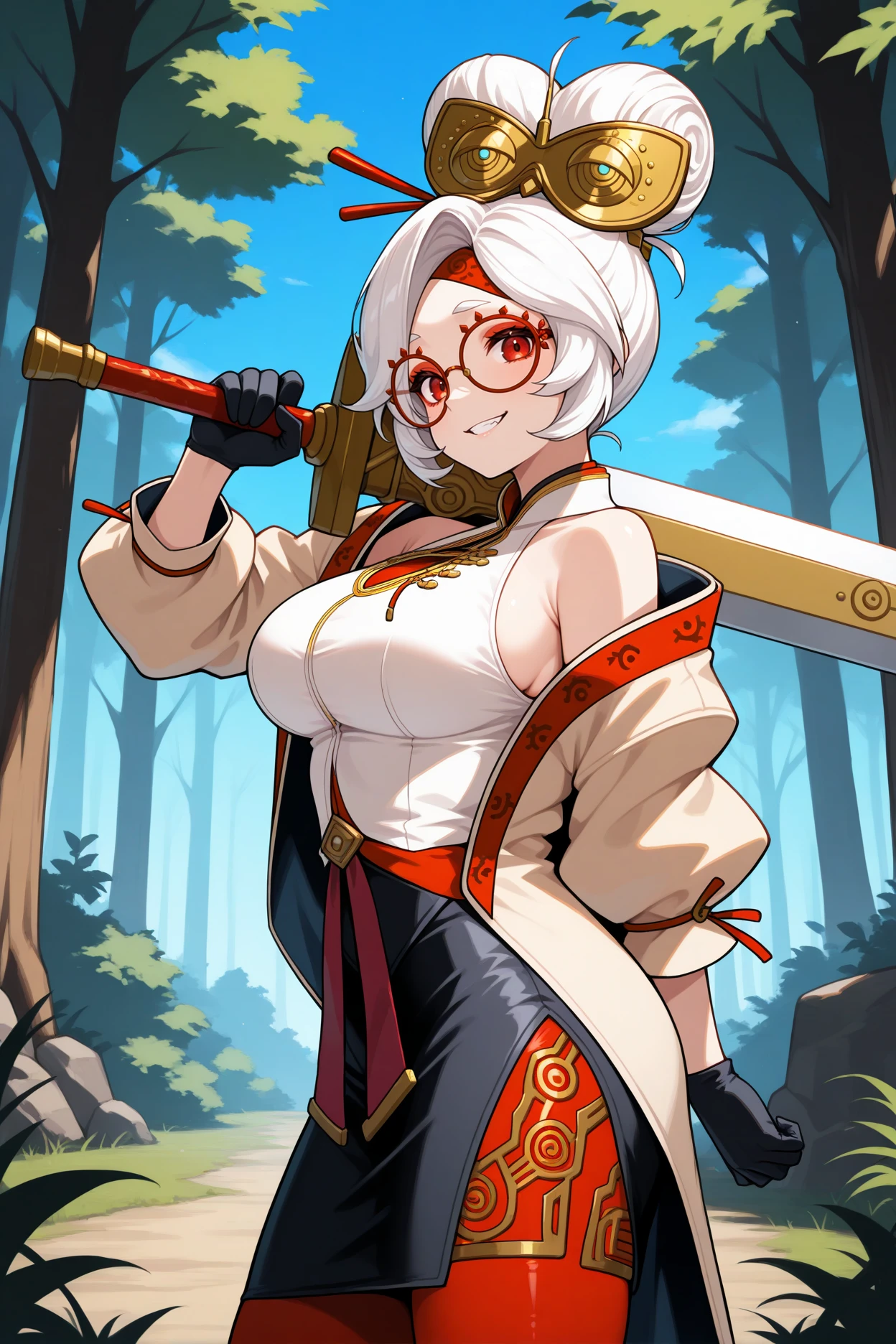 masterpiece, best quality, 1girl, solo,  <lora:purah-illu-nvwls-v1-000005:1> pur4h, white hair, red eyes, hair bun, hair ornament, red headband, red glasses, sleeveless shirt, beige shirt, beige jacket, red trim, open jacket, black skirt, red leggings, gloves, looking at viewer, holding giant sword over shoulder, evil grin, forest, blue sky, large breasts, dynamic pose, holding weapon, from side, full body