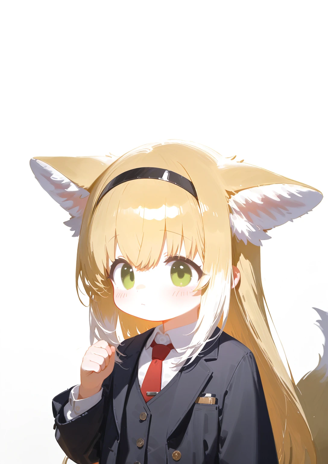 1girl,suzuran (arknights),animal ears,green eyes,shirt,blonde hair,white shirt,necktie,black jacket,hairband,red necktie,tail,black vest,blush,collared shirt,long hair,jacket,vest,fox ears,closed mouth,sketch,looking at viewer,fox tail,hair between eyes,long sleeves,bangs,black hairband,fox girl,black skirt,skirt,white background,animal ear fluff,simple background,hand up,open clothes,alternate costume,open jacket,very long hair,close-up, 
blue archive,<lora:XI410_type1:1>,