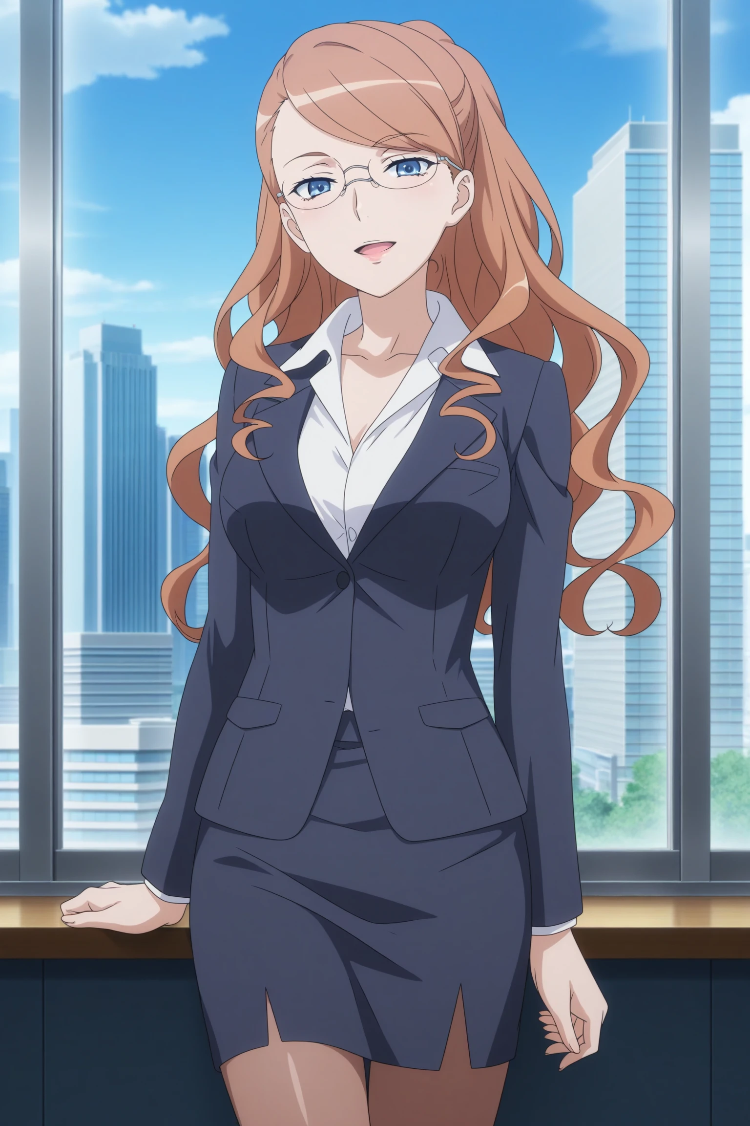 masterpiece, best quality, amazing quality, highres, absurdres, very aesthetic, high resolution, ultra detailed, perfect details, 1girl, solo, indoors, day, city, skyscraper, medium breasts, therestina kihara lifeline, brown hair, long hair, ponytail, wavy hair, blue eyes, glasses, suit, white shirt, collared shirt, black jacket, black skirt, pencil skirt, brown pantyhose, yellow footwear, high heelss, <lora:Therestina_Kihara_Lifeline_ILXL:0.8>, (aged up:1.2), looking at viewer, (cowboy shot:1.6), seductive smile, (pose:1.3), anime screencap, anime coloring, open mouth