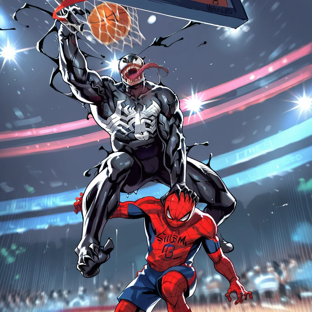 score_9, score_8_up, score_7_up, score_6_up, score_5_up, score_4_up, zPDXL2,source_anime,rating_questionable,  <lora:Venom_Dunk:0.8> v3nm, basketball (object), 2boys,spiderman, venom_\(marvel\) , sportswear, basketball uniform