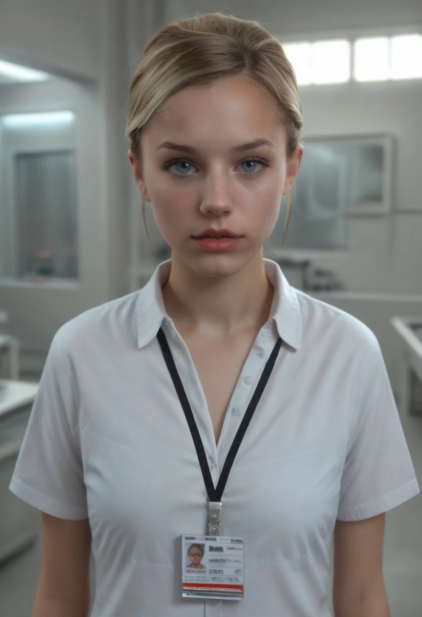 score_9, score_8_up, score_7_up, realistic photo of lcstllmn, 25-year-old 1girl, unique angle, unique framing, upper body, face focus, (looking at viewer), parted lips, 1girl, blonde hair, high bun updo, white shirt, badge, by loish, masterpiece, lips parted, slim figure, petite, (indoors, laboratory, shadowed), side lighting, warm lights