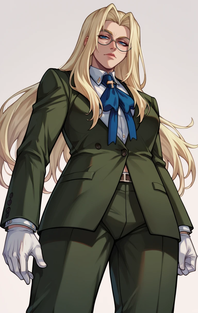 score_9,score_8_up,score_7_up,zPDXL2,zPDXLxxx,zPDXL3,<lora:Integravanhelsing:1>,IntegravanhelsingSDXL,1girl,long hair,blonde hair,gloves,glasses,pants,white gloves,formal,suit,pant suit,cowboy shot,from below,