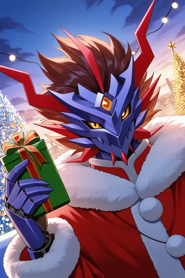 realistic shading, dragon-mecha focus, looking at viewer, expressive face, esdahvanguard, yellow_esdahvanguard_eyes, yellow_esdahvanguard_forehead jewel, reddish brown_esdahvanguard_spiked hair, red_esdahvanguard_horns, 1dragon-mecha, pokemon (creature), holding a gift box, smiling, happy, shiny skin, santa claus cosplay, red headwear, fur-trimmed coat, snowflake, christmas theme, outdoors, christmas lights, bokeh, cloud, centered, dutch angle, dynamic angle, intricately detailed illustration, depth of field, masterpiece, best quality, amazing quality, very aesthetic, absurdres, newest