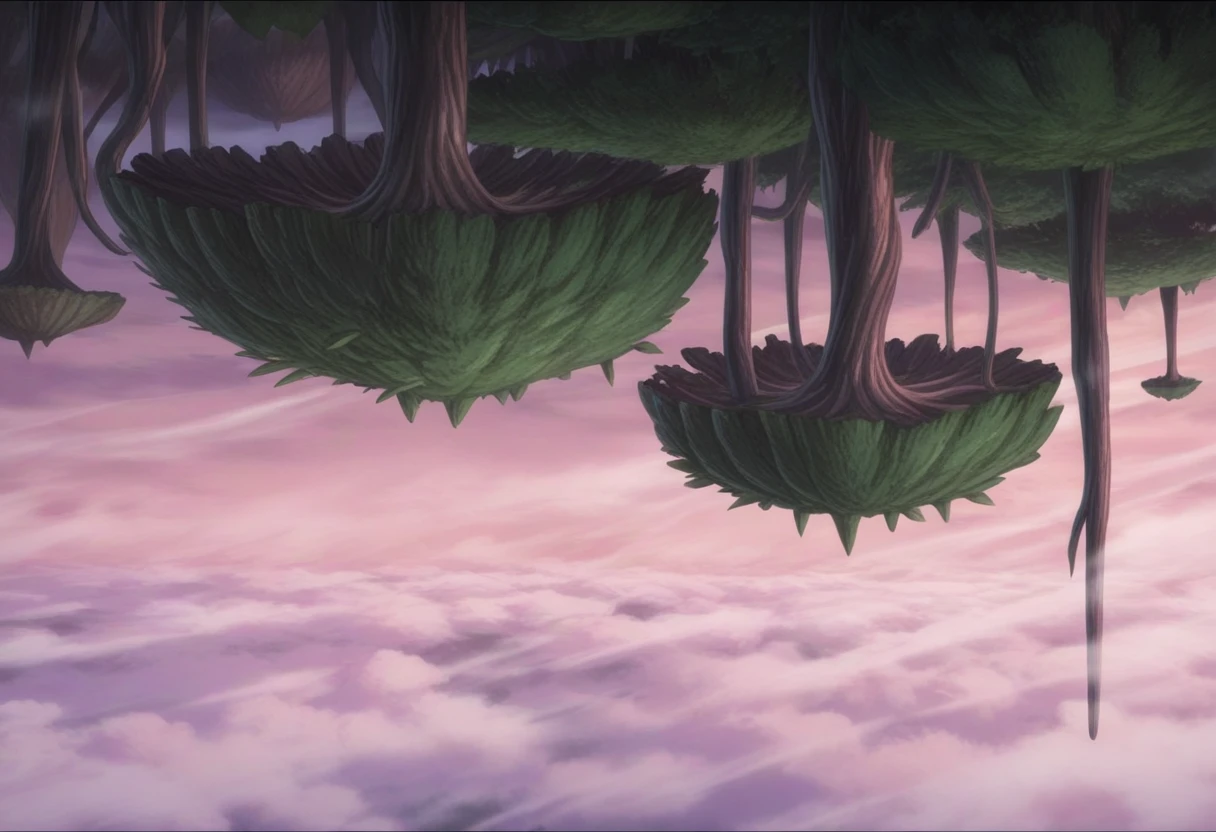 <lora:MiAbyss-IL-15:1> miabyss, invertedforest, invertedtree, no humans, above clouds, branch, bush, cloud, cloudy sky, column, floating island, fog, pillar, pink sky, purple sky, roots, sky, steam, leaf