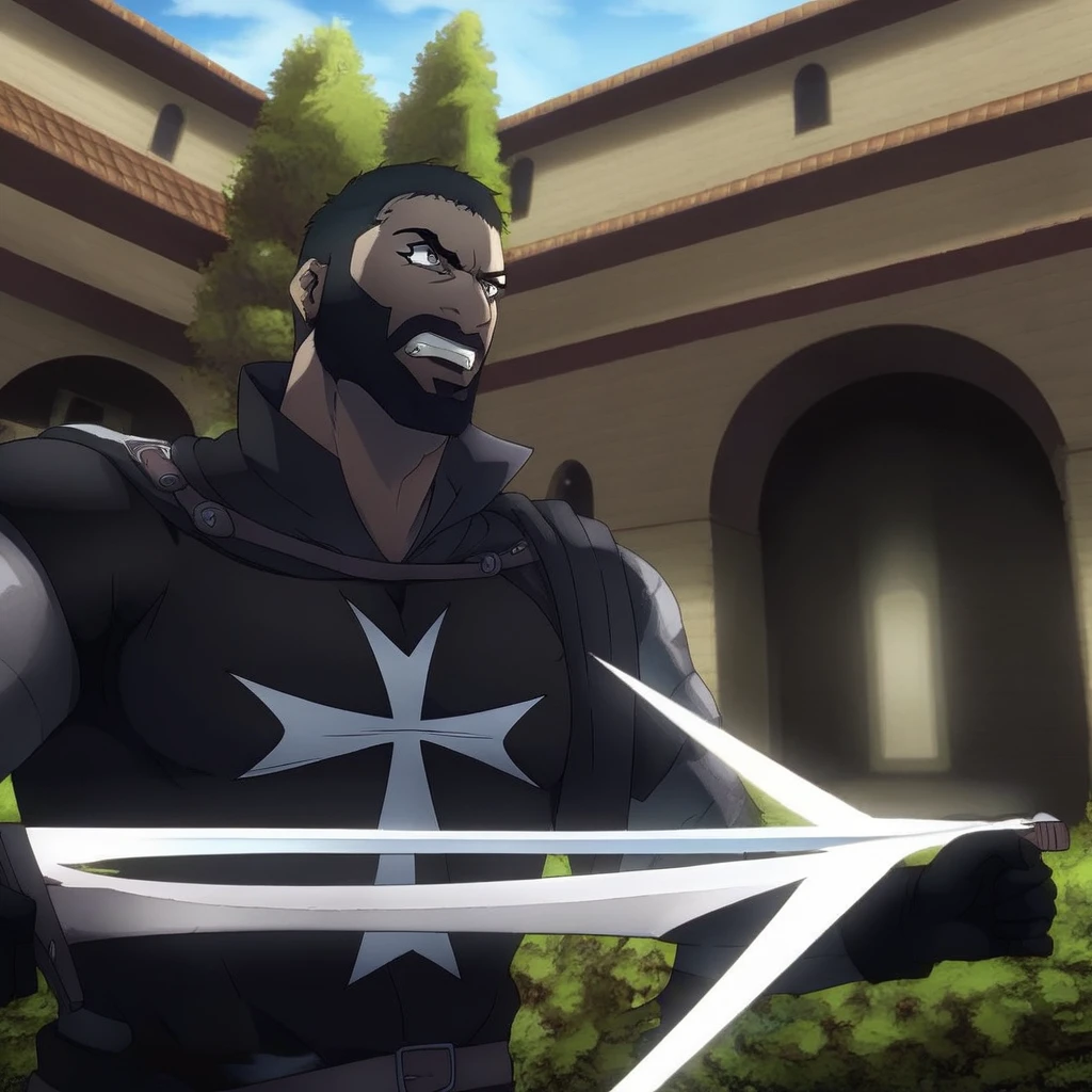 facial hair, bara, male focus, cape, gun, cross, indoors, blue sky, tree, open mouth, outdoors, armor, meme, holding weapon, sword, black gloves, gloves, clenched teeth, upper body