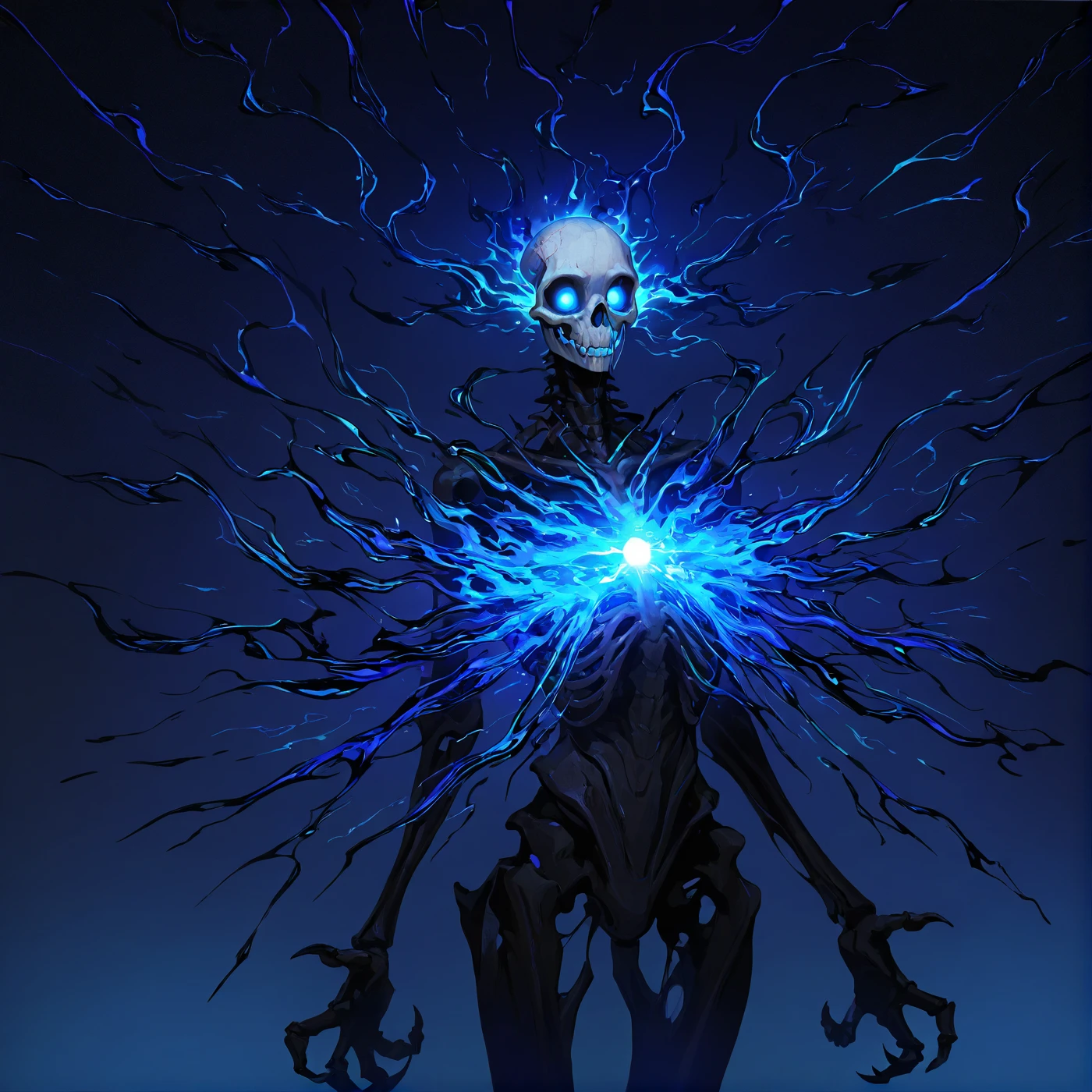 poe,
masterpiece, best quality, amazing quality, very aesthetic, absurdres, newest, volumetric lighting, holographic colors,
The image is a digital drawing of a character standing against a dark blue background. full front view, The character is humanoid, but with a skeletal appearance, its body made of glowing blue flames and ethereal energy. The head is a skull-like structure with glowing blue flames emanating from it, giving it a menacing, ghostly appearance.
,masterpiece, best quality, amazing quality, very aesthetic, absurdres, newest, volumetric lighting,
 ,<lora:path_of_exile:0.6>,