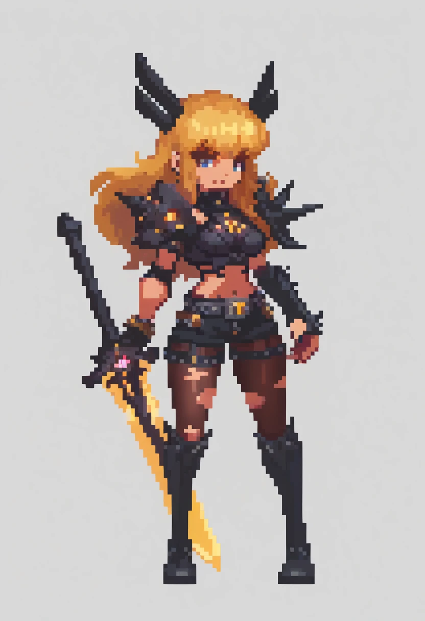 score_9, score_8_up, score_7_up, score_6_up, expressiveh, magik_rivals, 1girl, solo, full body, blonde hair, long hair, hair accessory, eyeliner, blue eyes, earrings, from front, front view, cropped bodysuit, black bodysuit, armor, vambraces, belt, gloves, black gloves, nail polish, black nail polish, black clothes, pauldrons, midriff, navel, short shorts, yellow details, pantyhose, ripped pantyhose, boots, greaves, spikes, holding sword, holding weapon, huge weapon, magik sword, glowing sword, yellow sword, weapon, simple background <lora:sakuemonq:1> <lora:Magik_Marvel_Rivals_-_PonyXL:0.7>