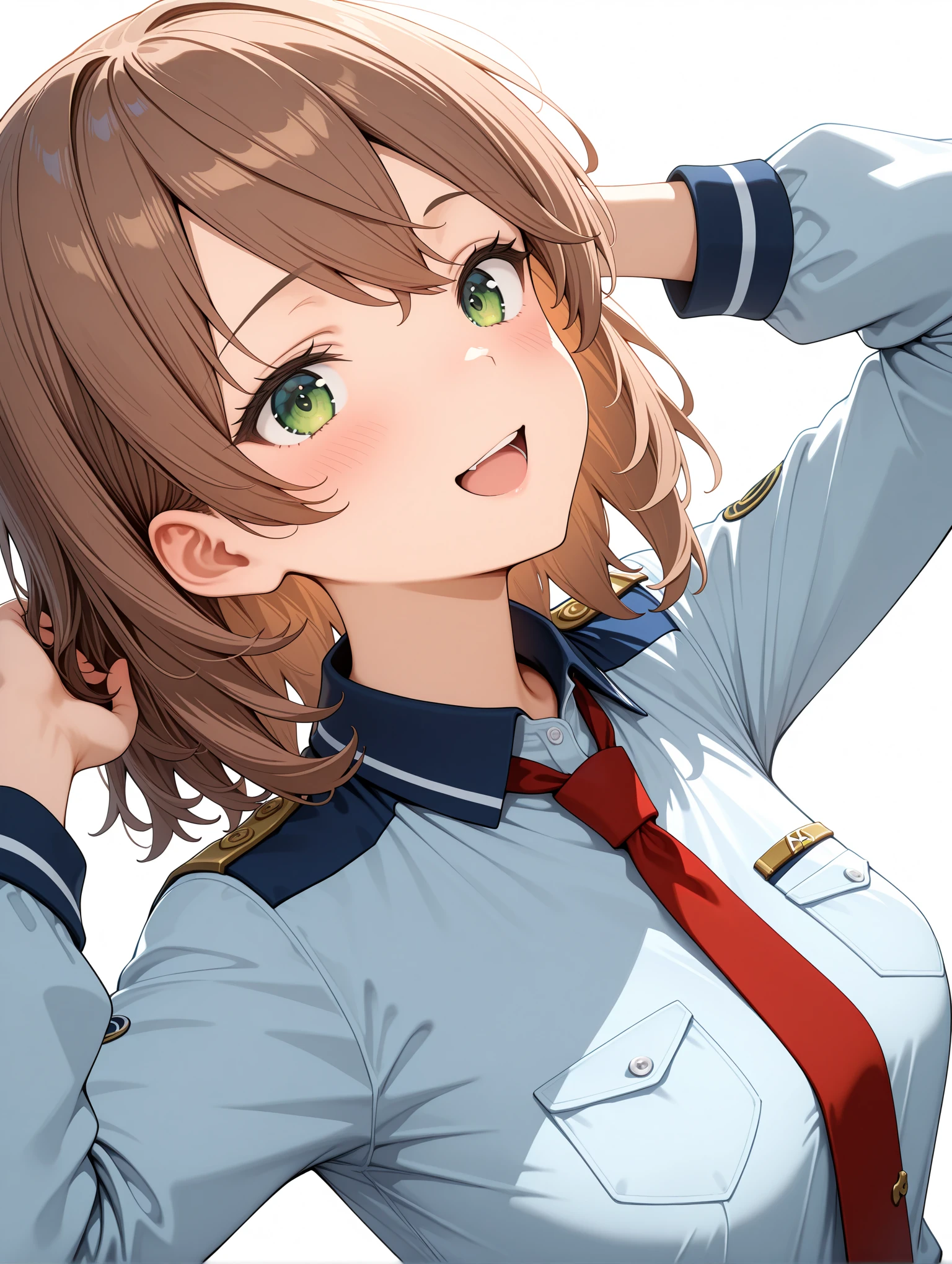 masterpiece,best quality,amazing quality,
solo,1girl,
<lora:akino_ilxl_v1.1:1>,akino,medium hair,brown hair,green eyes,a_s_clothes,shirt,red necktie,long sleeves,
<lora:Fixhands_anime_bdsqlsz_V1:1>,cinematic_angle,dynamic_angle,white_background,simple_background,looking_at_viewer,hand_in_hair,face_focus,laughing,, masterpiece,best quality, very aesthetic, absurdres, ultra detailed, high resolution, 4k, extremely detailed CG,