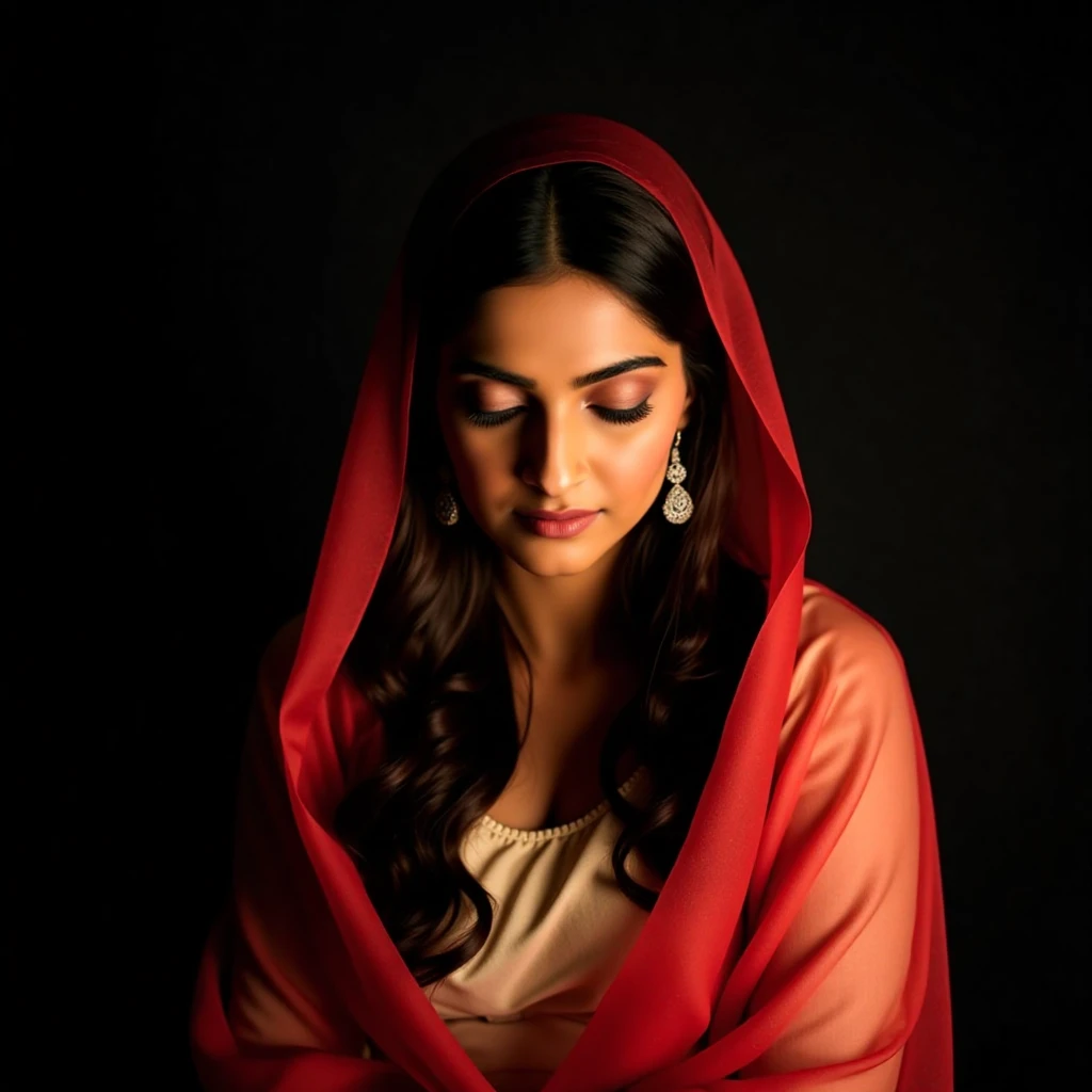 Close-up portrait of sonamkapoorukohwx, with a contemplative expression.  She is shrouded in a semi-transparent, crimson-red fabric.  Her gaze is directed downwards, subtly reflecting introspection.  Her face is illuminated by a soft, warm light source, highlighting intricate details of her features.  She has long, dark hair cascading down her shoulders. She wears a light beige or cream-colored, traditional-style garment, likely a saree or a similar draped outfit, that falls in soft folds around her.  The garment appears made of a light, possibly linen-like fabric.  A small, intricate silver jewelry piece, perhaps earrings or a nose ring or similar adornment is noticeable near her face.  The background is completely dark, drawing all focus onto the subject.  The lighting is dramatic, highlighting the subject's face and clothing, while creating a deep dark tones around her.  The atmosphere is quiet, reflective, and evokes a sense of introspection and serenity.  The composition employs a close-up perspective, centering the subject's body against the dark background. Photorealistic style.  Low-key lighting.  Emotional state is contemplative.