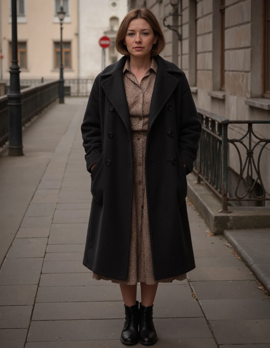 Norman Rockwell style full body shot of UHD, 8K, ultra detailed, a cinematic photograph of, <lora:kobzar:1>, Portrait of mature woman dressed businness dress and wintercoat, Soviet_Era_AHS, <lora:NormanRockwellFlux:0.3>, <lora:OBä¸ä¸çºªæ²¹ç»v1.1:0.3>, oil painting, <lora:Soviet_Era_AHS:0.5>, beautiful lighting, great composition . Baroque, chiaroscuro, realistic, emotional, "flat lighting, mid body. Whole outfit, clear, sharp, balanced . Realistic, narrative, Americana, detailed, "abstract