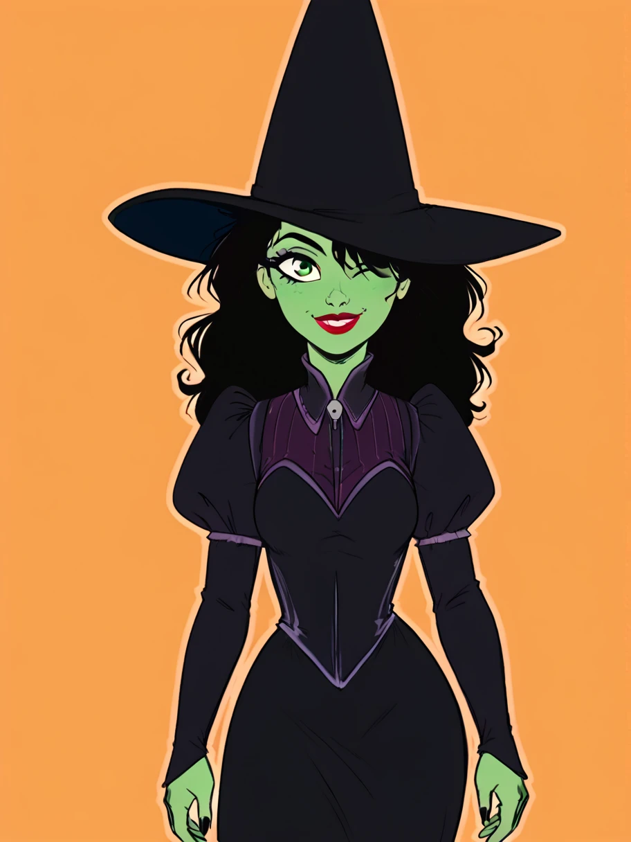 1girl, solo, ,  flirty, cowboy shot, rating_questionable, smiling, mischievous,
<lora:Elphaba:1> elphaba, witch hat, black hair, green skin, green eyes,, black dress, lipstick, one eye covered,
<lora:raichiyo33XLP:.55> raichiyo33 <lora:bp4rtXLP:.55> <lora:Expressive_H:.65>âââ