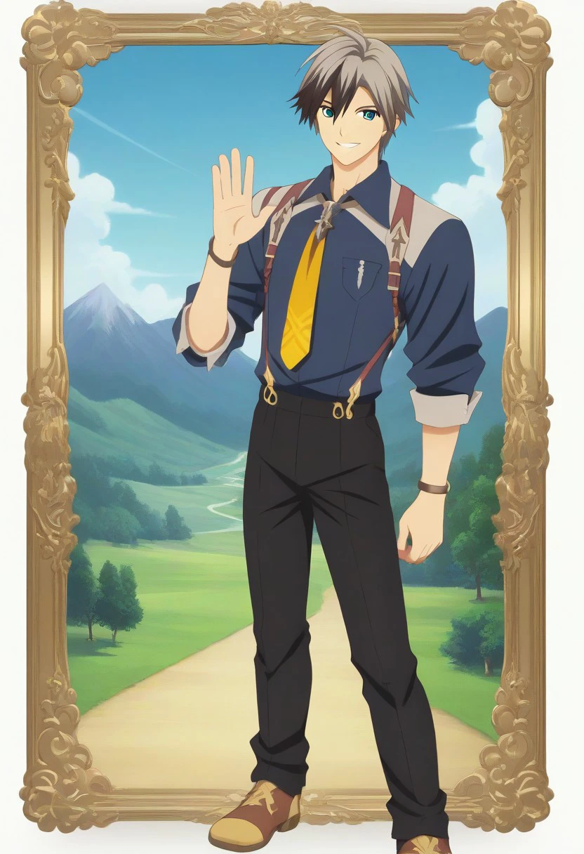 ((masterpiece)), ((best quality)), ((ultra-detailed)), ((absurdres)), score_9_up, score_8_up, score_7_up,
HD, top quality, best quality, amazing quality, High-quality illustrations, anime screencap, source_anime, best aesthetic, perfect proportions, perfect eyes, 1boy, 1male, solo boy, solo male, male focus, solo male focus, Anime, boy, male anime character, anime boy, handsome, cute, charming, sexy, good-looking, Ludger Will Kresnik, multicolored hair, two-tone hair, green-blue eyes, blue collared shirt, rolled sleeves, bracelet, yellow-orange necktie, brown suspenders, black pants, brown-yellow shoes, ((lean body)), ((tall body, tall height)), ((adventure fantasy background, nature background, mountains)), ((full body shot, head to feet shot)), ((happy, smile, waving hello, waving hand gesture, 👋 gesture)), easynegative, updn, Expressiveh, masterpiece, best quality, very aesthetic, absurdres
