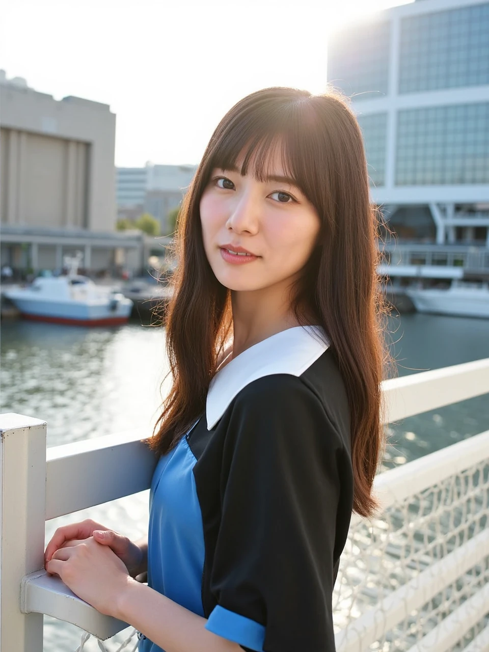 The image is a close-up portrait of a young Asian woman named kawata with long dark hair and bangs. Her skin is very fair and her figure is slim. She he is wearing a black and blue dress with a white collar and short sleeves that pops against the bright sunlight.The bridge is made of white metal railings, and the sun's rays create a warm, golden glow. She grabbed the railing with her hand and looked into the distance. In the background, there's a bustling waterfront with buildings, including a big-ass industrial-looking structure with a glass facade, and a few boats chilling in the water. The whole scene is bathed in a soft, warm light, giving off a peaceful, early morning vibe. The overall color of the image is bright and soft. 