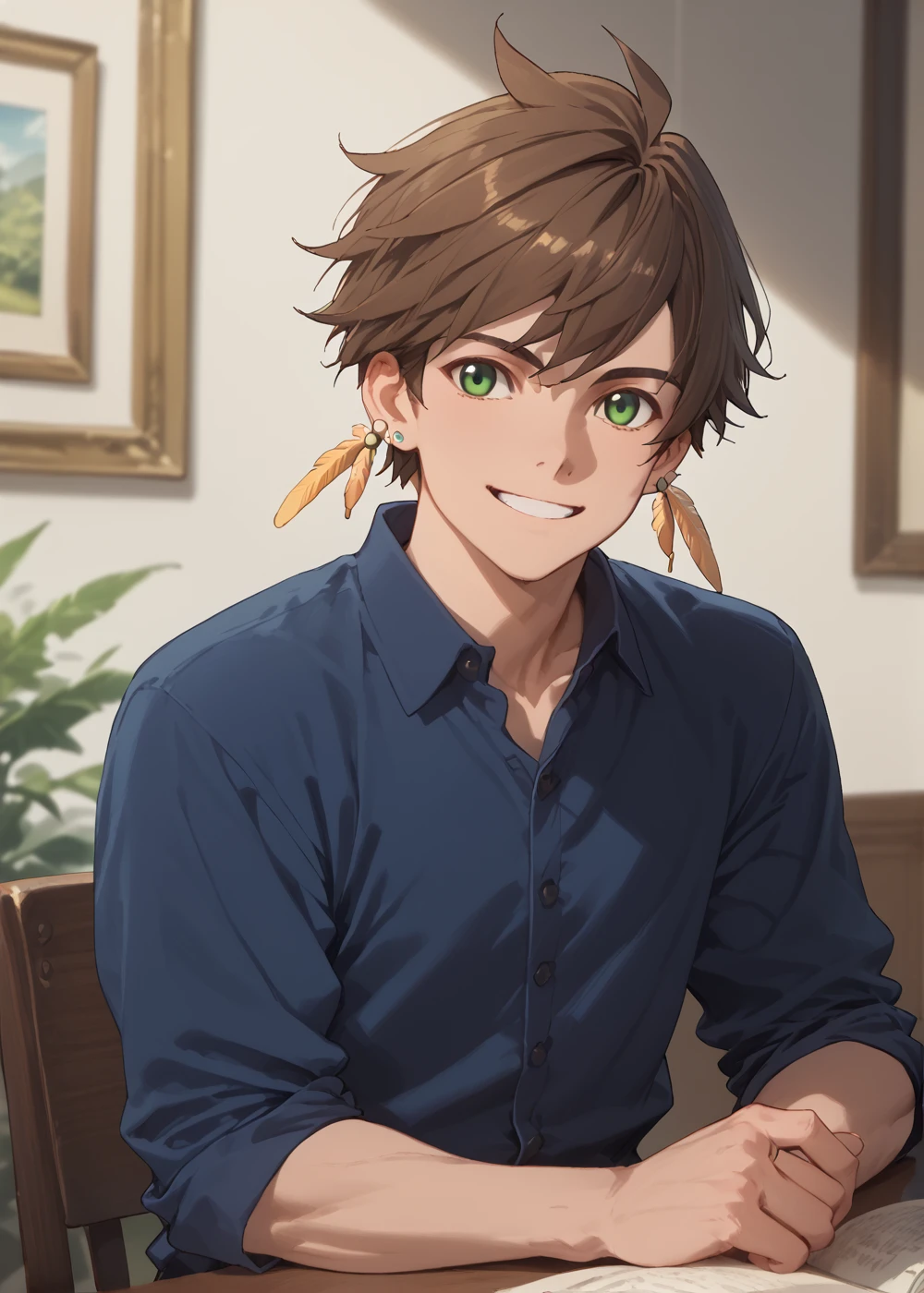 score_9, score_8_up, score_7_up, score_6_up, score_5_up, score_4_up, best quality, masterpiece, 
<lora:Sorey:1> sorey, solo, brown hair, 1boy, jewelry, green eyes, male focus, earrings, smile, looking at viewer, blue shirt, feather earrings