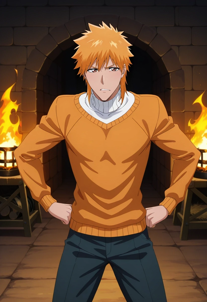 masterpiece, best quality, , anime screencap, anime coloring, , , , 1boy, solo, male focus, <lora:ichigo_kurosaki_ilxl:0.98>, ichigo_kurosaki, 1boy, orange hair, brown eyes, medium hair, , , , ancient forge, stone furnace, tool racks, work area, smithing pose, focused expression, fire light, Straight-leg chinos, Mock neck sweater, , ,