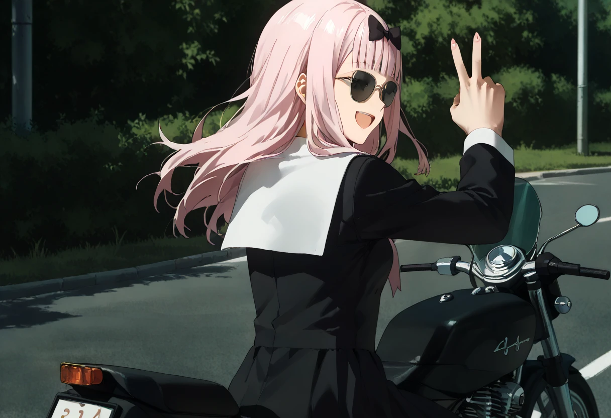 score_9, score_8_up, score-7_up, 1girl, solo, chika fujiwara, long hair, bangs, bow, pink hair, hair bow, blunt bangs, black bow, long sleeves, school uniform, black dress, white sailor collar, motorcycle, on motorcycle, sitting, from behind, looking back, smile, open mouth, sunglasses, v, hand pose <lora:From_behind_-_On_Motorcycle-pony:1> <lora:chika-fujiwara-s3-ponyxl-lora-nochekaiser:1> <lora:rayban_sunglasses_v0.2-pony:1>