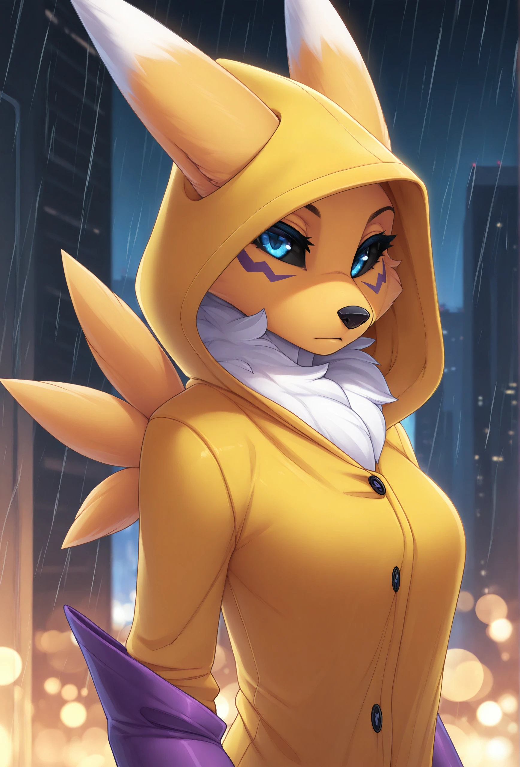 (masterpiece, best quality, very aesthetic, absurdres:1.2),  <lora:fluffkevlar_style_illustrious_v1.7:1> fkstyle, 1girl, furry, solo, renamon, black sclera, blue eyes, yellow raincoat, hood up, looking at viewer, expressionless, ears through hood BREAK
yellow theme, rain, city, night, (bokeh:1.1), depth of field, purple gauntlets, close-up