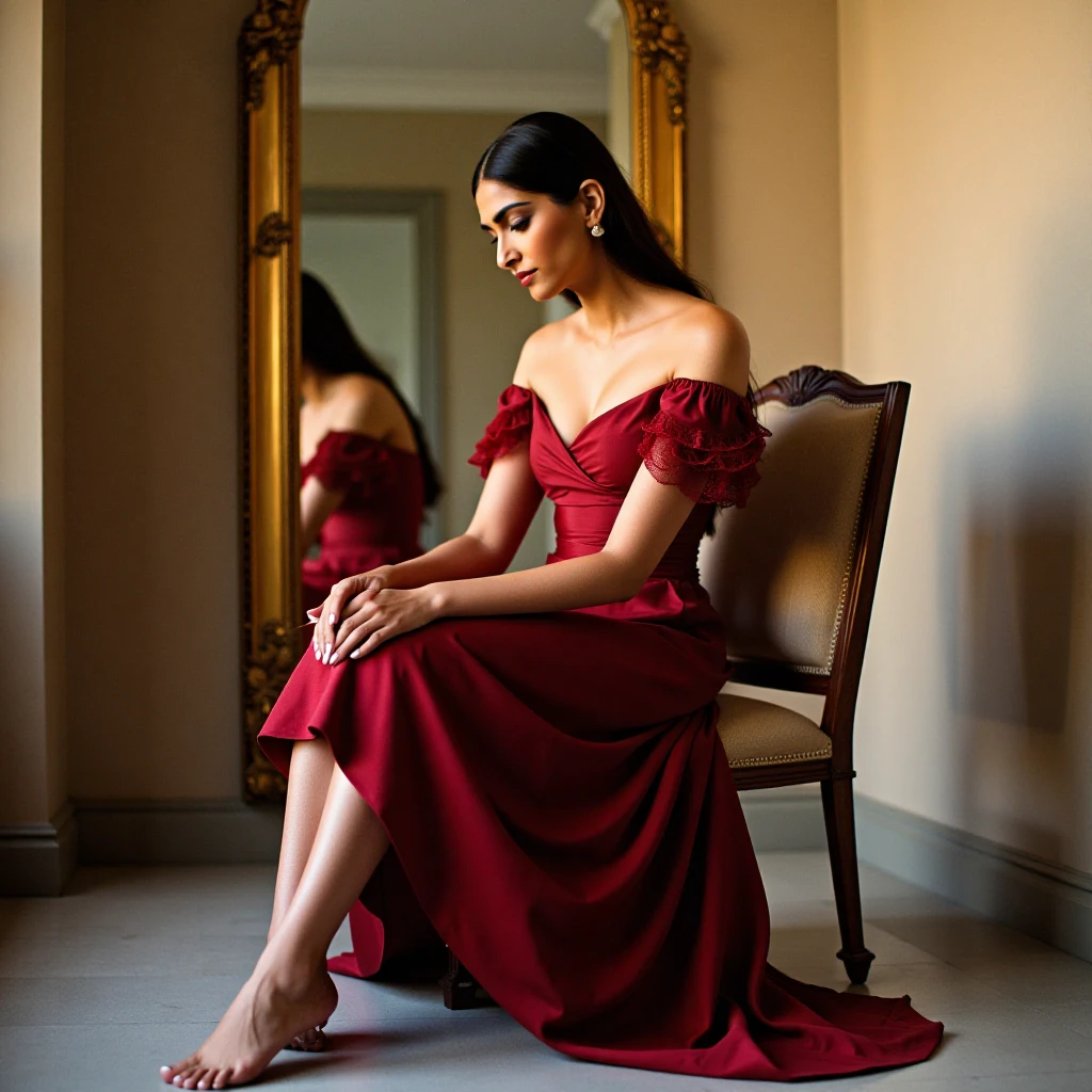 sonamkapoorukohwx sits in a wooden chair,  dressed in a deep crimson,  mid-calf length,  V-neck dress with ruffled, lace details on the off-the-shoulder sleeves.  Soft, flowing fabric drapes around her.  Her body language suggests a contemplative mood, gaze directed downward,  with one leg crossed over the other.  Bare feet rest on a light gray floor.  The room has muted beige and ivory walls.  A large, ornate, gold-framed, beveled mirror hangs behind her,  reflecting the surrounding space.  Warm, diffused light casts gentle shadows, emphasizing the curves of the figure and dress folds.  The soft lighting and rich red hue create a romantic and luxurious mood and a strong vintage style.  Composition is centered, with the mirror providing a subtle frame and background interest.  The overall style is reminiscent of elegant portraiture with a touch of vintage sophistication.