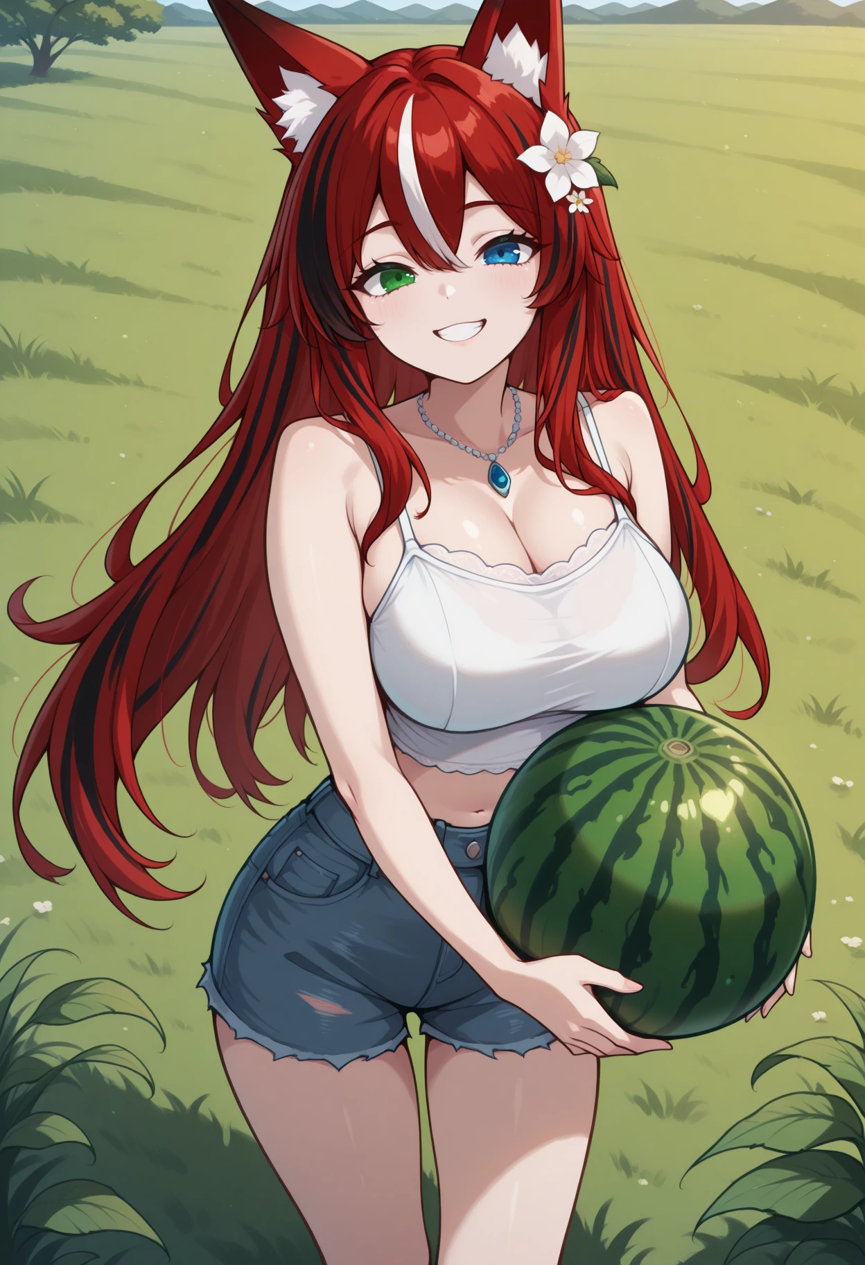 masterpiece, best quality, 1girl, solo, Bomba, heterochromia, green eye, blue eye, multicolored hair, streaked hair, red hair, black hair, animal ears, long hair, hair flower, necklace, white camisole, sleeveless, midriff, denim shorts, grin, happy, cowboy shot, looking at viewer, outdoors, field, grass, standing, holding watermelon, <lora:ChamBombaOCIllustriousXL:1>