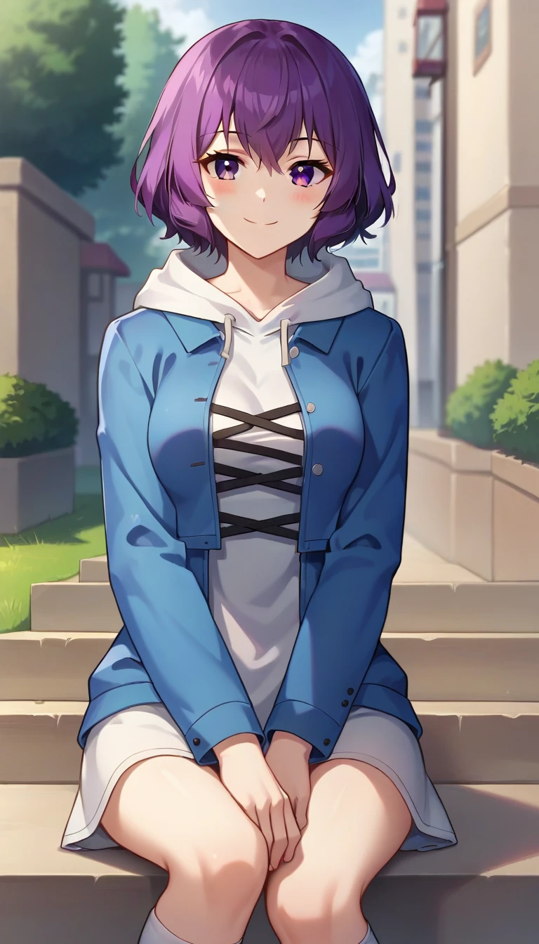score_9,score_8_up,masterpiece,best quality,correct anatomy,anime_source,1girl,solo,perfect eyes,perfect arms,perfect legs,perfect face,outdoors,upper body,(portrait:1.5),looking at viewer,facing viewer,smile,blush,Tang Rou,short hair,purple hair,hair between eyes,bangs,purple eyes,blue jacket,open jacket,white dress,hoodie,long sleeves,medium breasts,white socks,cross-laced footwear,black footwear,<lora:Tang Rou(tka)-Pony:1.2>,