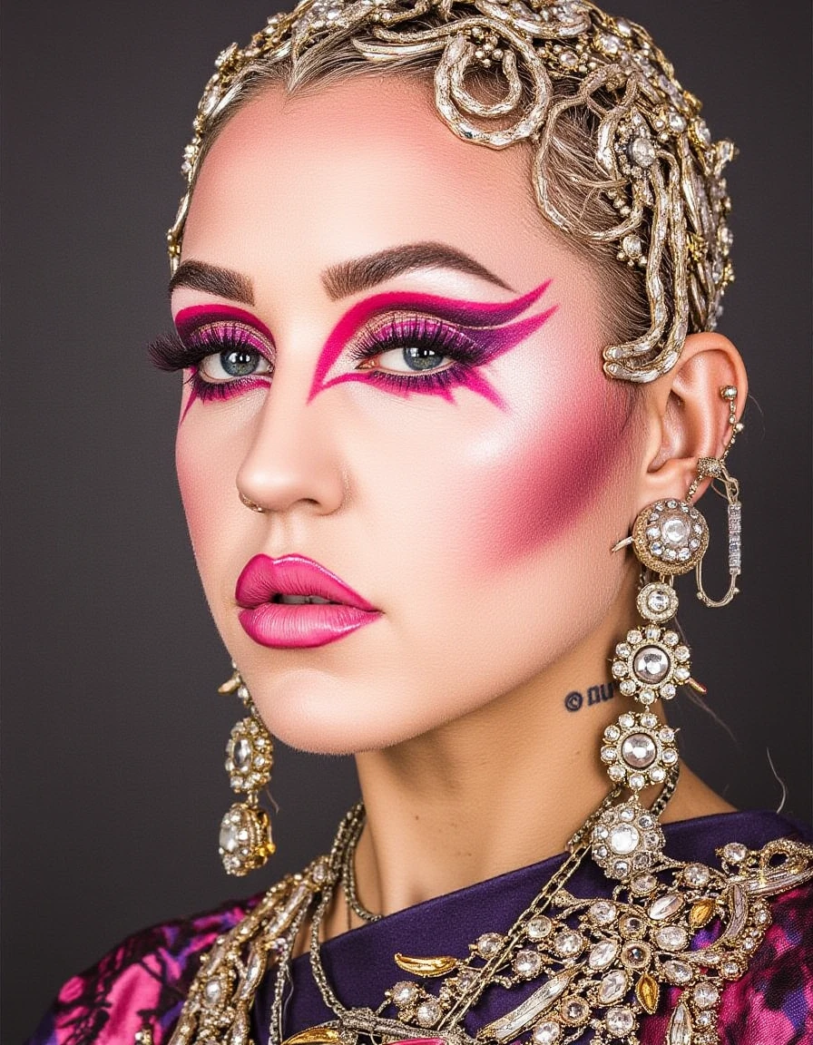 <lora:brooke-candy-flux:1> brookecandy1, her, the, woman, and, there portrait gaudy thick makeup facial jewelry