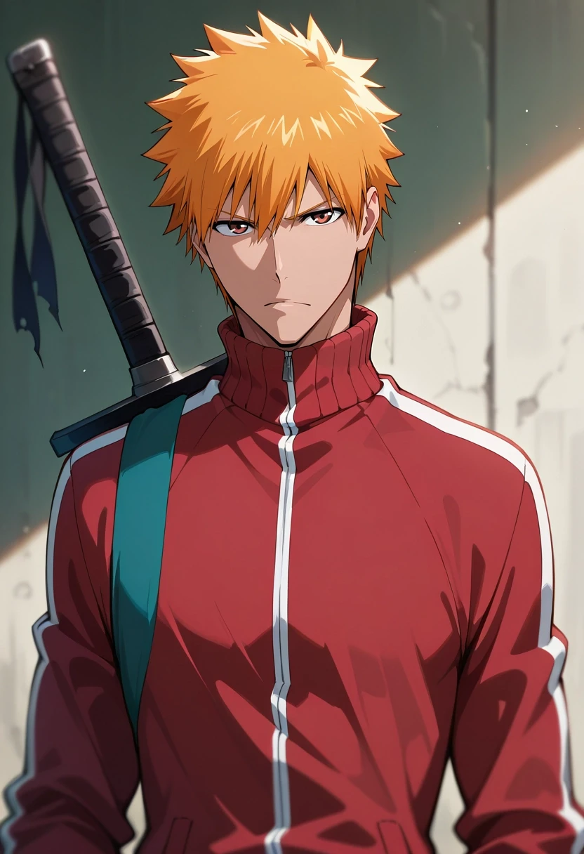 masterpiece, best quality, , , looking at viewer, depth of field, 1boy, solo, male focus, <lora:ichigo_kurosaki_ilxl:0.92>, ichigo_kurosaki, 1boy, orange hair, brown eyes, short hair, spiked hair, hair between eyes, , sword, , track jacket,