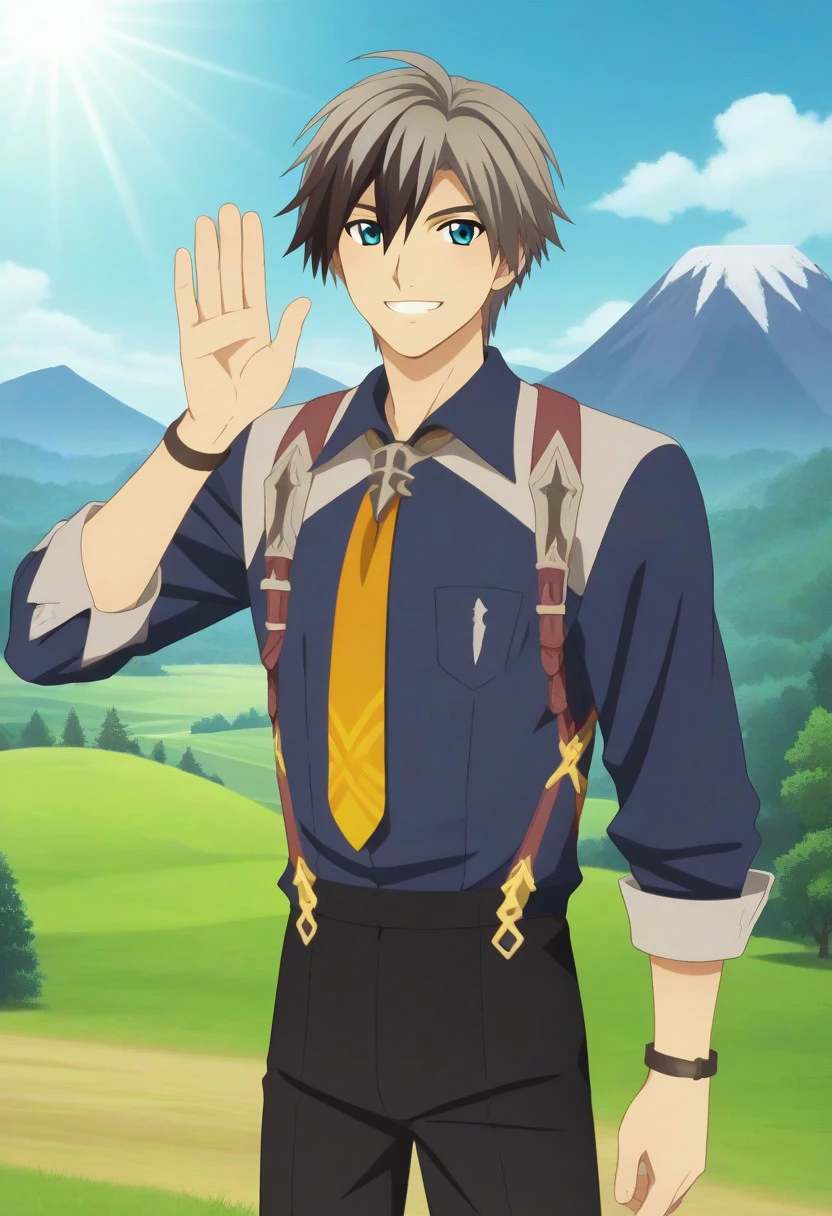 ((masterpiece)), ((best quality)), ((ultra-detailed)), ((absurdres)), score_9_up, score_8_up, score_7_up,
HD, top quality, best quality, amazing quality, High-quality illustrations, anime screencap, source_anime, best aesthetic, perfect proportions, perfect eyes, 1boy, 1male, solo boy, solo male, male focus, solo male focus, Anime, boy, male anime character, anime boy, handsome, cute, charming, sexy, good-looking, Ludger Will Kresnik, multicolored hair, two-tone hair, green-blue eyes, blue collared shirt, rolled sleeves, bracelet, yellow-orange necktie, brown suspenders, black pants, ((lean body)), ((tall body, tall height)), ((adventure fantasy background, nature background, mountains)), ((cowboy shot, head to hips shot)), ((happy, smile, waving hello, waving hand gesture, 👋 gesture)), easynegative, updn, Expressiveh, masterpiece, best quality, very aesthetic, absurdres