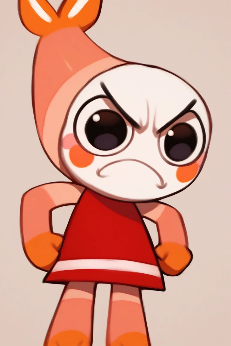 score_9, score_8_up, score_7_up, score_6_up, score_5_up, score_4_up, shrimpo, black eyes, blush stickers, red dress, sleeveless, cartoony, solo, cute, adorable, anthro, angry, angry face, frown