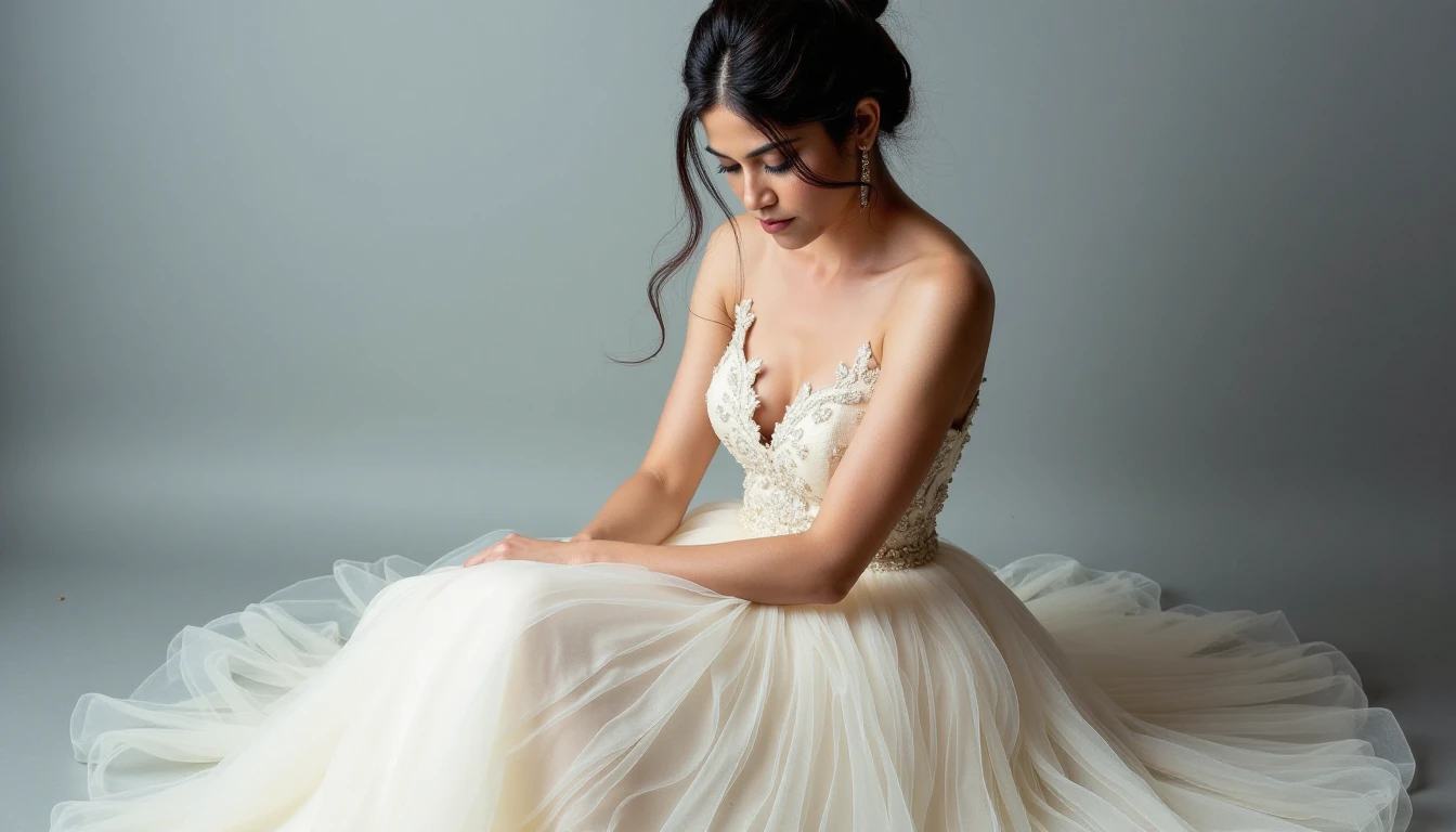 aditipoukohwx sits on a neutral gray studio backdrop.  She is wearing a flowing, off-white tulle ball gown with a delicate, embroidered bodice. The dress's delicate lace embroidery is subtle and adds a touch of texture to the otherwise smooth tulle. The dress's a-line skirt drapes softly around her.  She has long, dark hair styled in a bun. Her expression is calm and contemplative, her gaze directed slightly downward.  Her posture is relaxed, and her arms are naturally positioned beside her.  The lighting is soft and diffused, creating a beautiful, even glow across her form, with no harsh shadows.  The overall color palette is pastel, with muted grays and off-white tones, creating a serene mood. The studio backdrop is plain and unadorned, allowing the focus to stay on the woman's figure and dress. The image's perspective is from a slightly low angle, bringing a delicate and balanced composition. The texture of the tulle skirt is noticeable, with its delicate, sheer quality. The overall style is elegant, romantic, and timeless, evocative of a classic portrait.