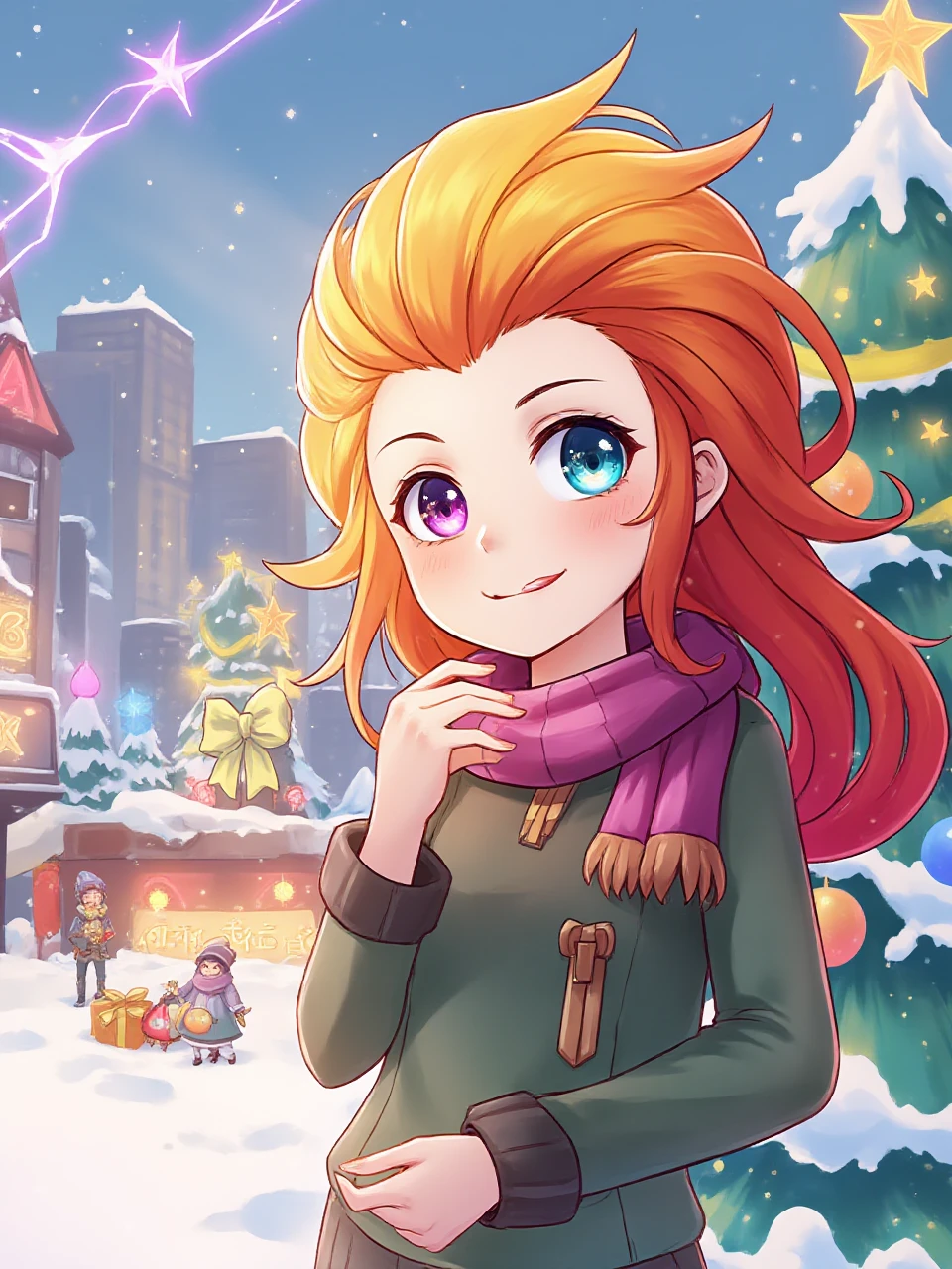 1girl,zoe,heterochromatic pupil,yellow and red hair,city,Christmas tree,gifts,snow,sweater