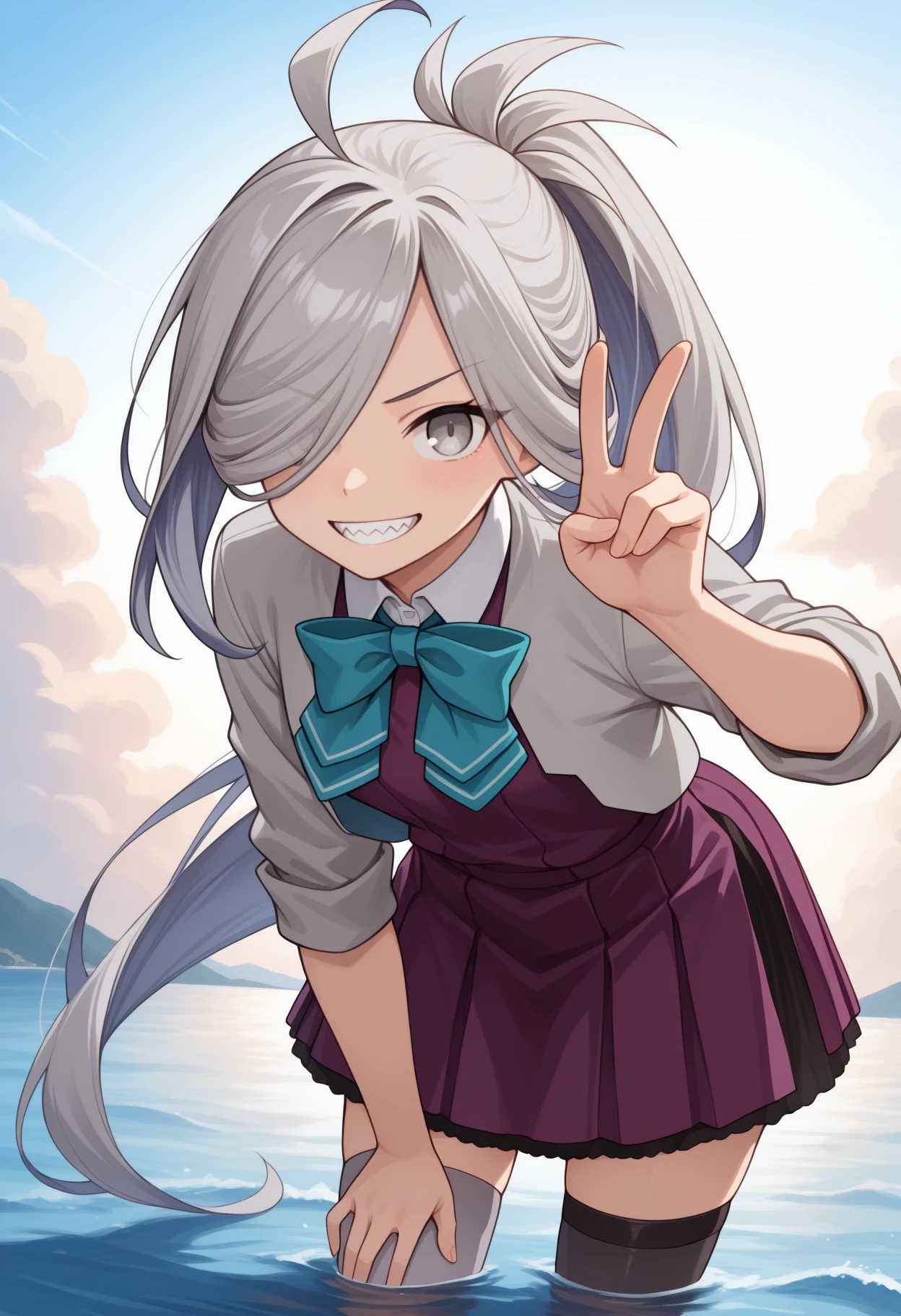 masterpiece, best quality, <break> solo, 1girl, ashmkaini, sharp teeth, grin, looking at viewer, standing, leaning forward, hand up, v, wading, long hair, multicolored hair, grey hair, ahoge, hair over one eye, ponytail, grey eyes, grey jacket, blazer, sleeves rolled up, purple dress, sleeveless dress, halter dress, pleated dress, white shirt, collared shirt, aqua bowtie, mismatched legwear, grey thighhighs, black thighhighs, outdoors, blue sky, cloud, ocean, water
<segment:yolo-Anzhc Face seg 640 v2 y8n.pt,0.4,0.5//cid=1>