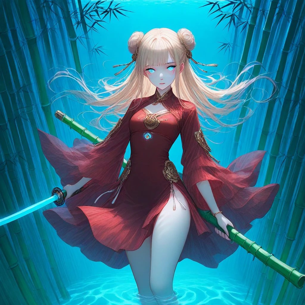 gradient background, glowing, underwater, weapon, bamboo, double bun, long hair, holding weapon, red dress, blue eyes