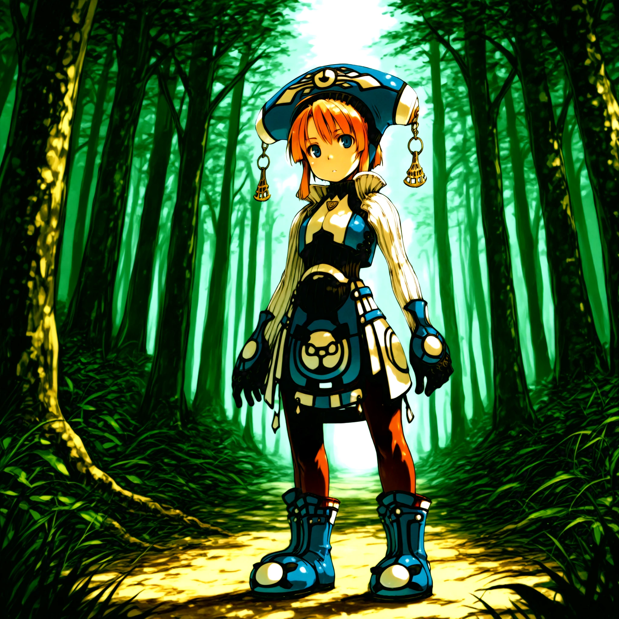 masterpiece, highres,best quality,<lora:maya (dewprism)-ill-002:1>, maya (dewprism), 1girl, solo, hat, short hair, gloves, boots, pantyhose, standing, forest