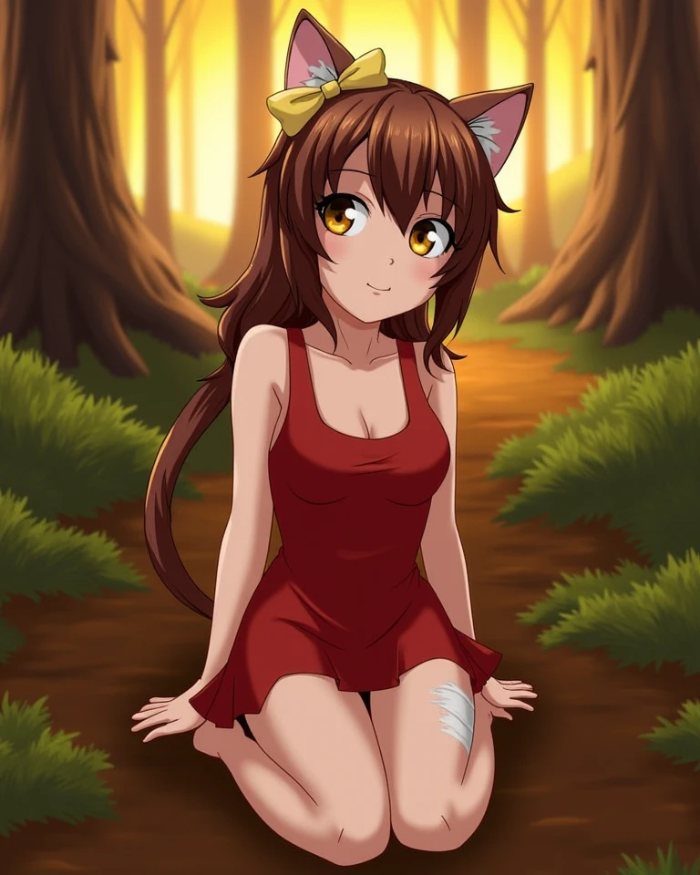 young woman, red dress, sitting in a clearing, forest, digital drawing, evening, sunset, summer, 
<lora:apfluxgymyvau20241122-step00001800:0.8>, YVAU, 1girl, catgirl, brown hair, cat ears, yellow eyes, pigtail, yellow bow on pigtail, cat's tail, white bandage on the leg